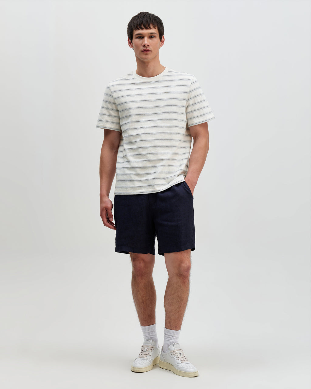 Dean - Ecru And Blue Stitch Stripe Organic Cotton T-Shirt
