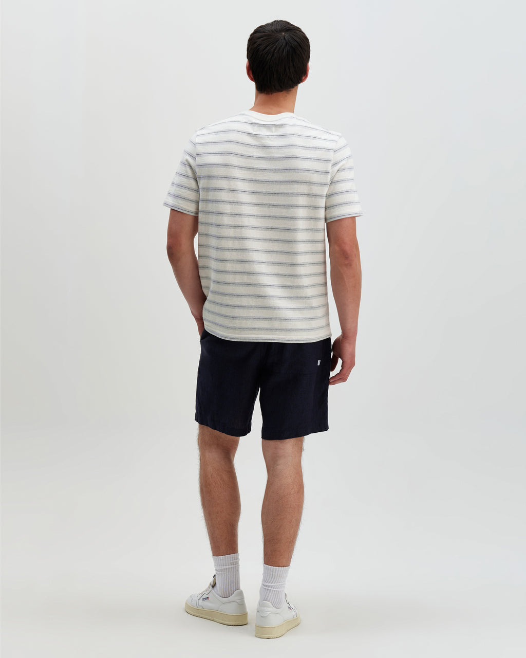 Dean - Ecru And Blue Stitch Stripe Organic Cotton T-Shirt