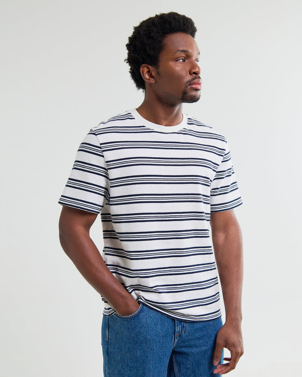 Dean - Ecru And Navy Textured Stripe Organic Cotton T-Shirt
