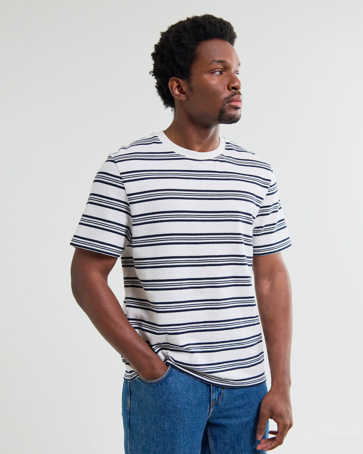 Dean - Ecru And Navy Textured Stripe Organic Cotton T-Shirt