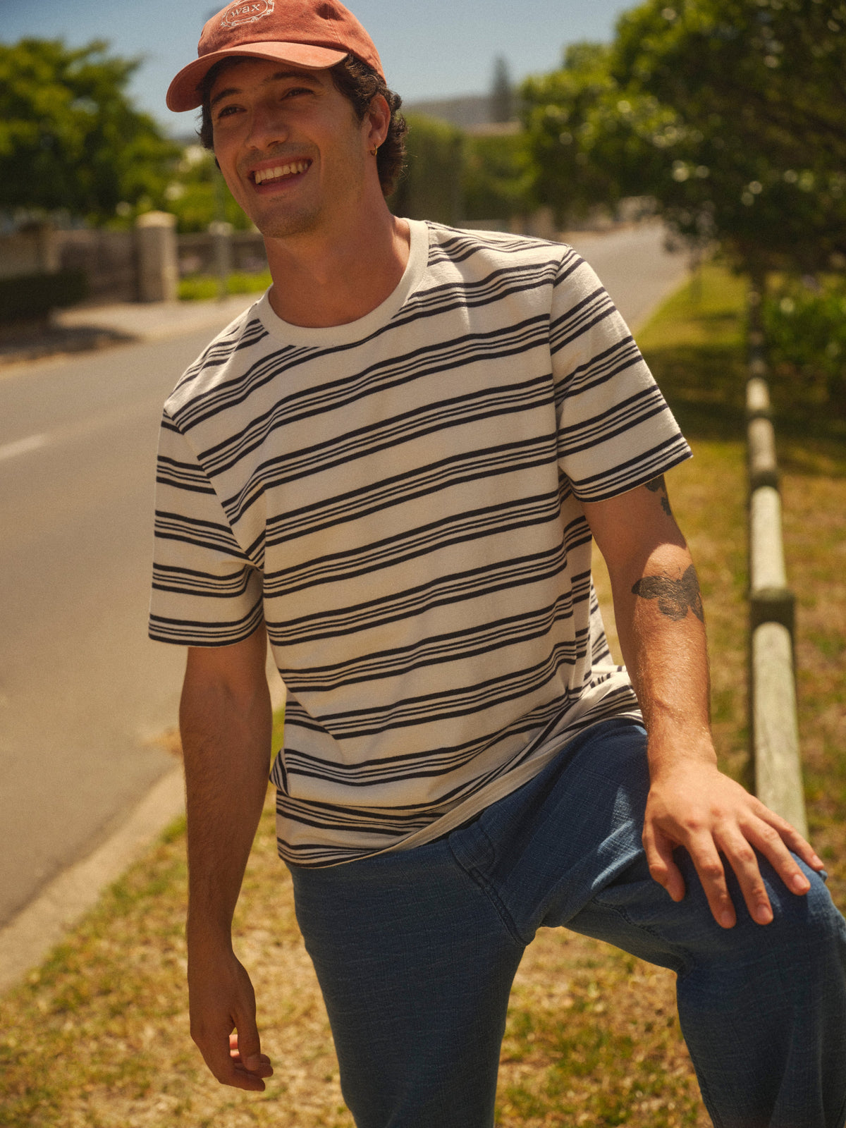 Dean - Ecru And Navy Textured Stripe Organic Cotton T-Shirt