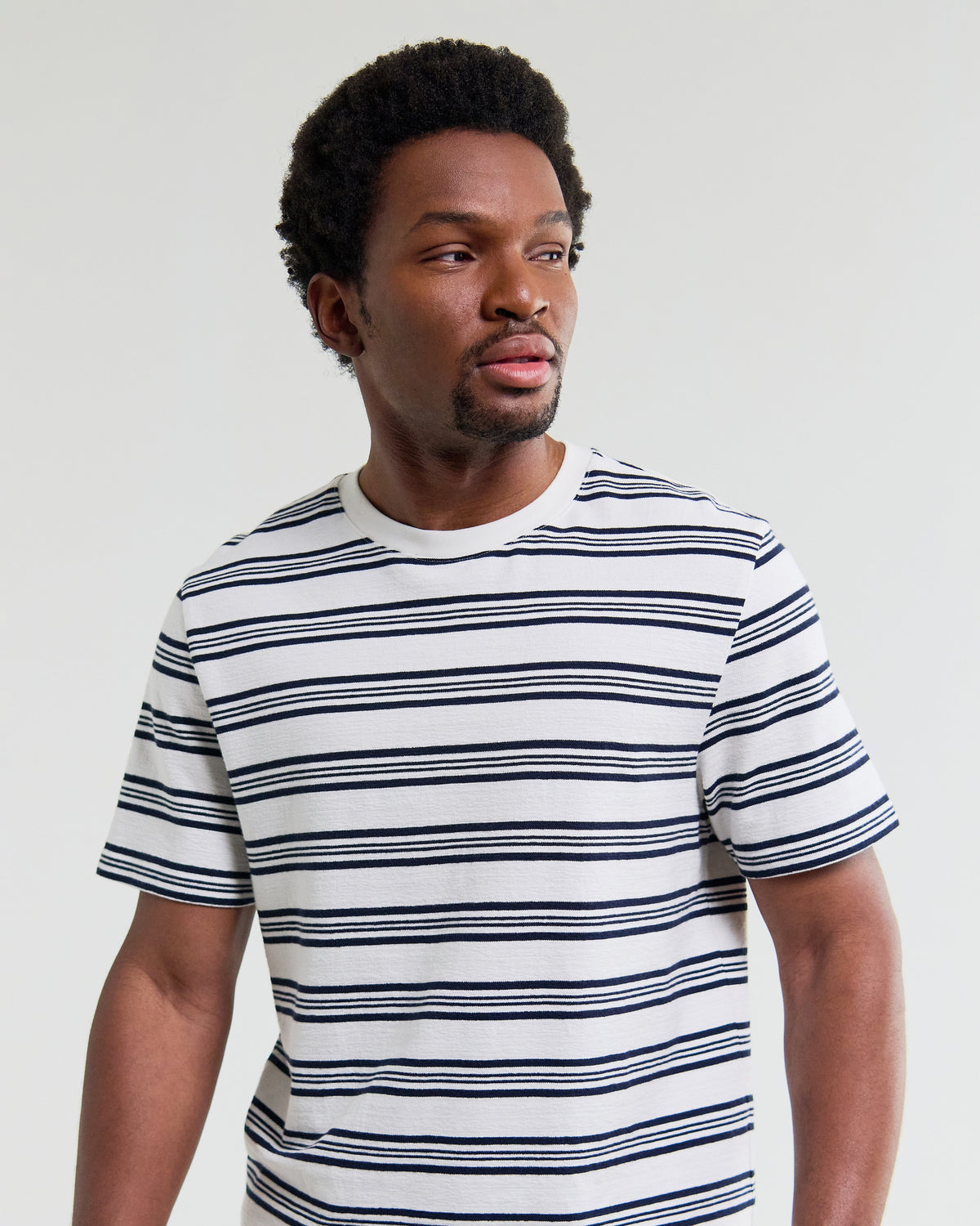 Dean - Ecru And Navy Textured Stripe Organic Cotton T-Shirt