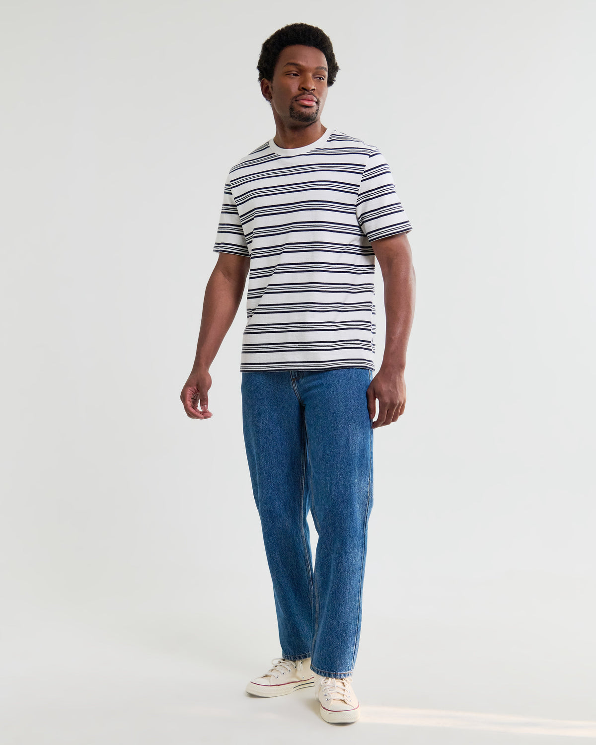 Dean - Ecru And Navy Textured Stripe Organic Cotton T-Shirt