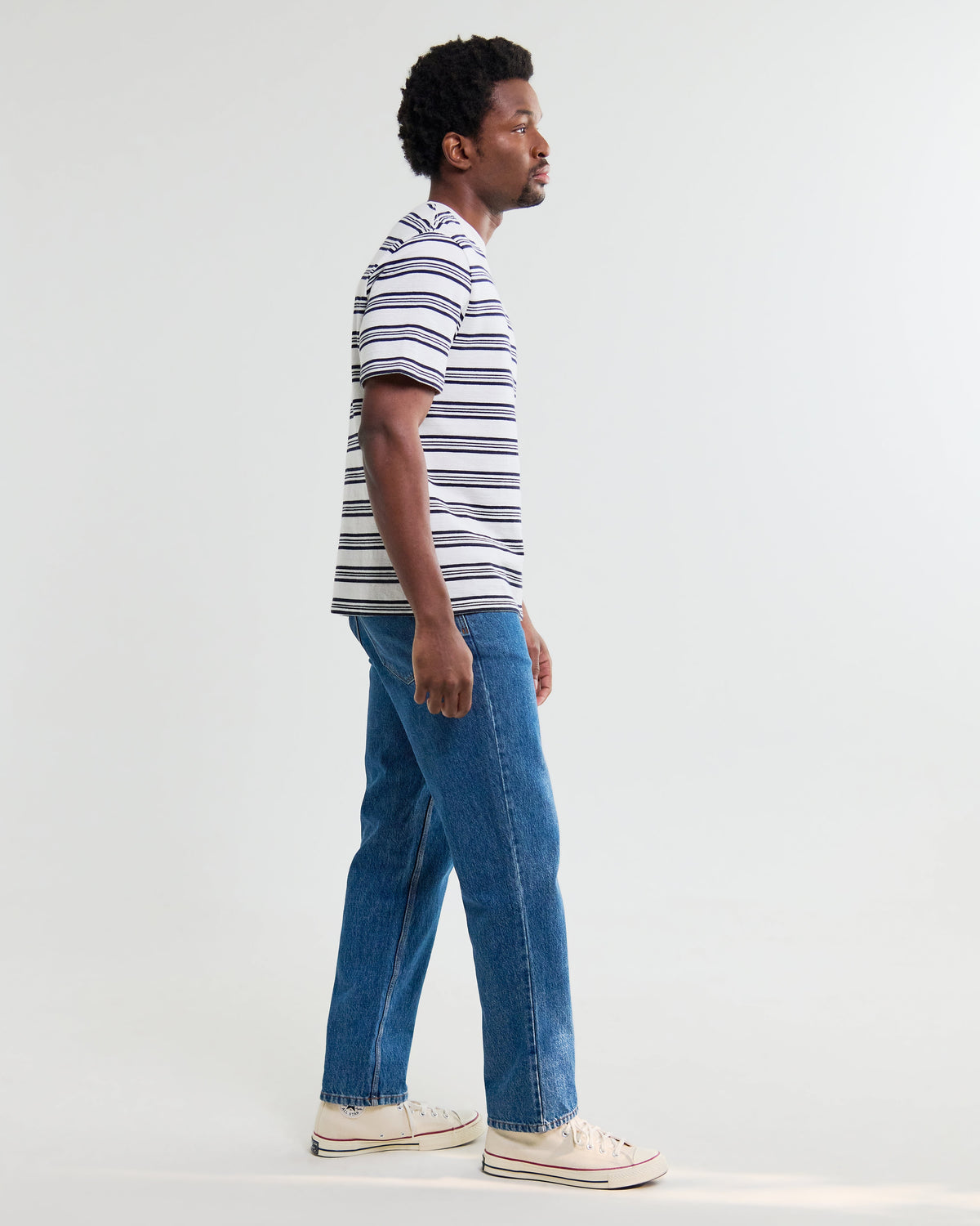 Dean - Ecru And Navy Textured Stripe Organic Cotton T-Shirt