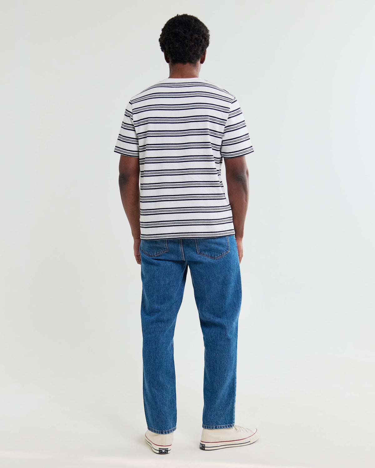 Dean - Ecru And Navy Textured Stripe Organic Cotton T-Shirt