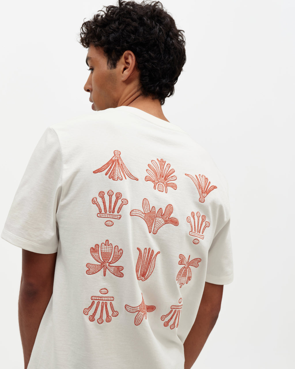Dean - Ecru And Rust Grid Embroidered T-Shirt