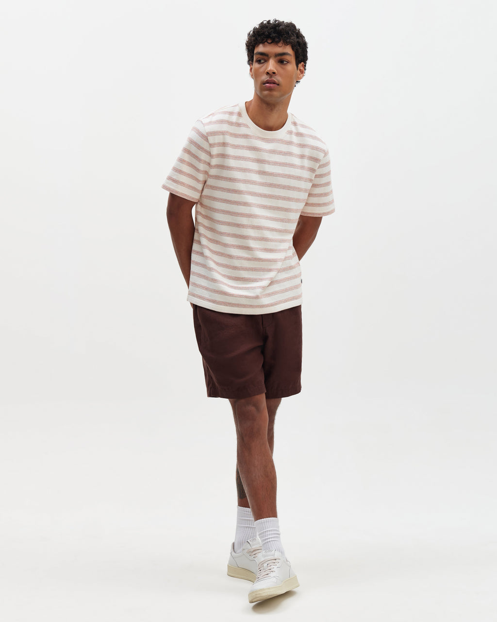 Dean - Ecru And Rust Stitch Stripe Organic Cotton T-Shirt