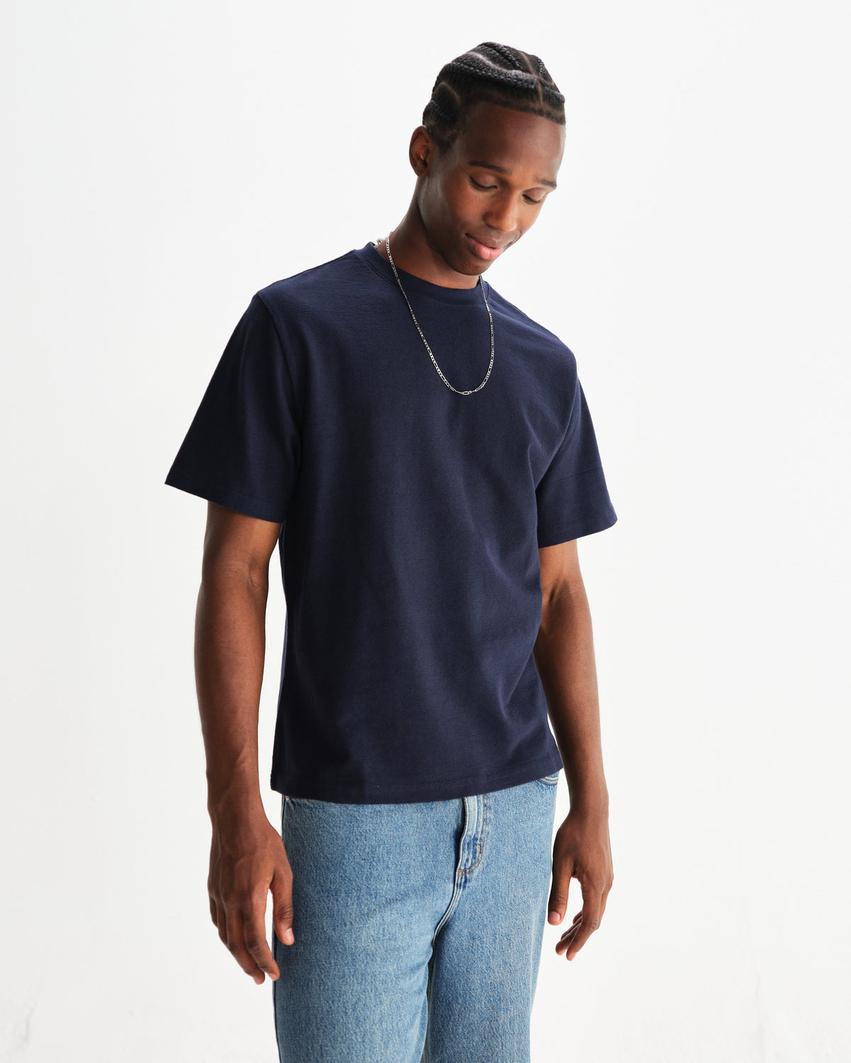 Dean - Navy Textured Organic Cotton T-Shirt