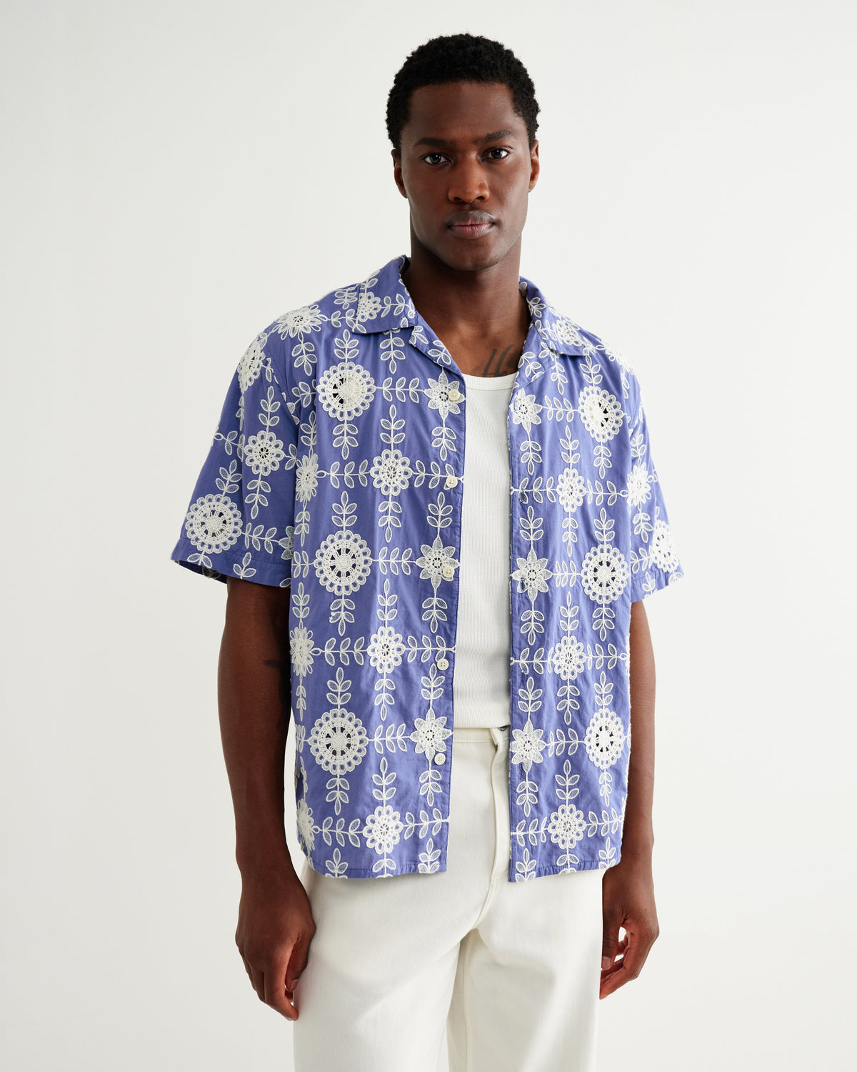 Didcot - Blue And Ecru Corded Lace Short-Sleeve Shirt