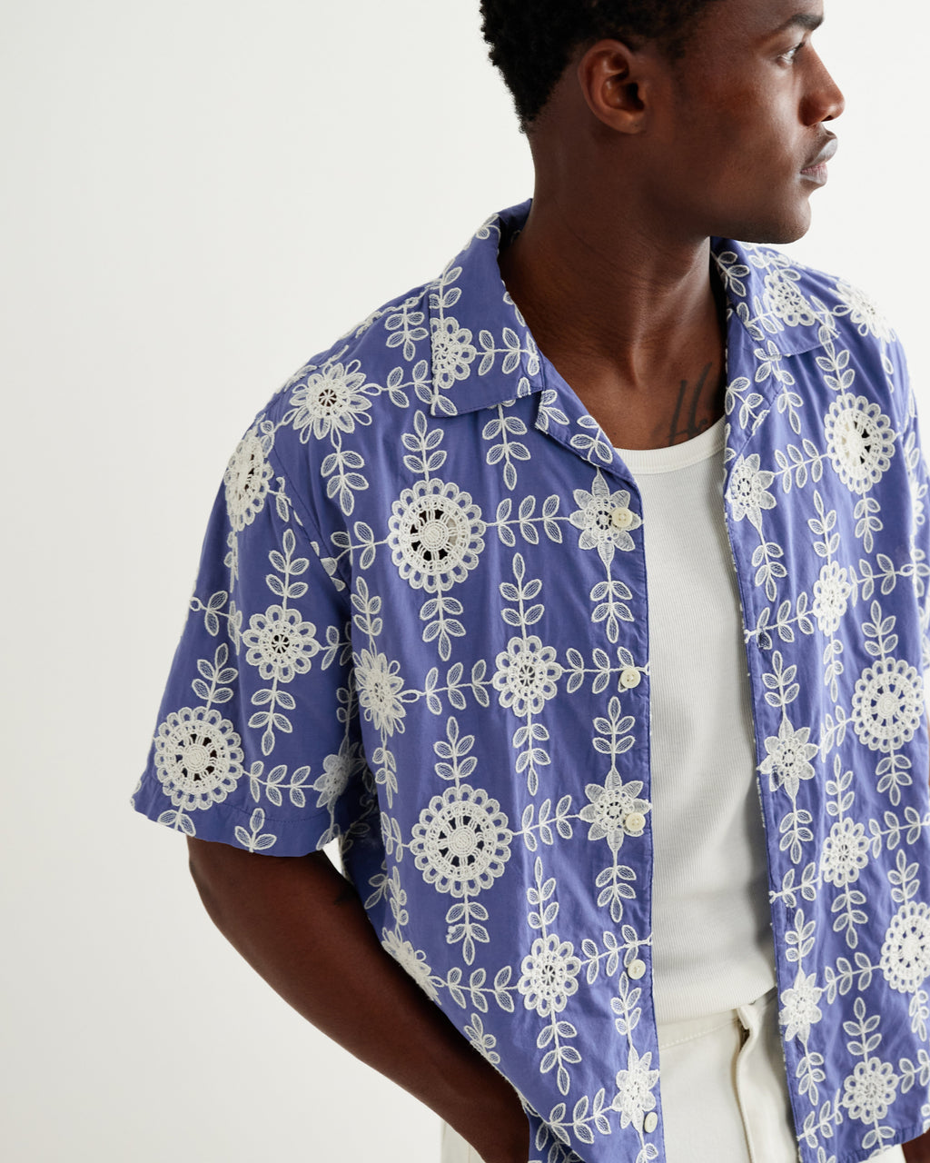 Didcot - Blue And Ecru Corded Lace Short-Sleeve Shirt