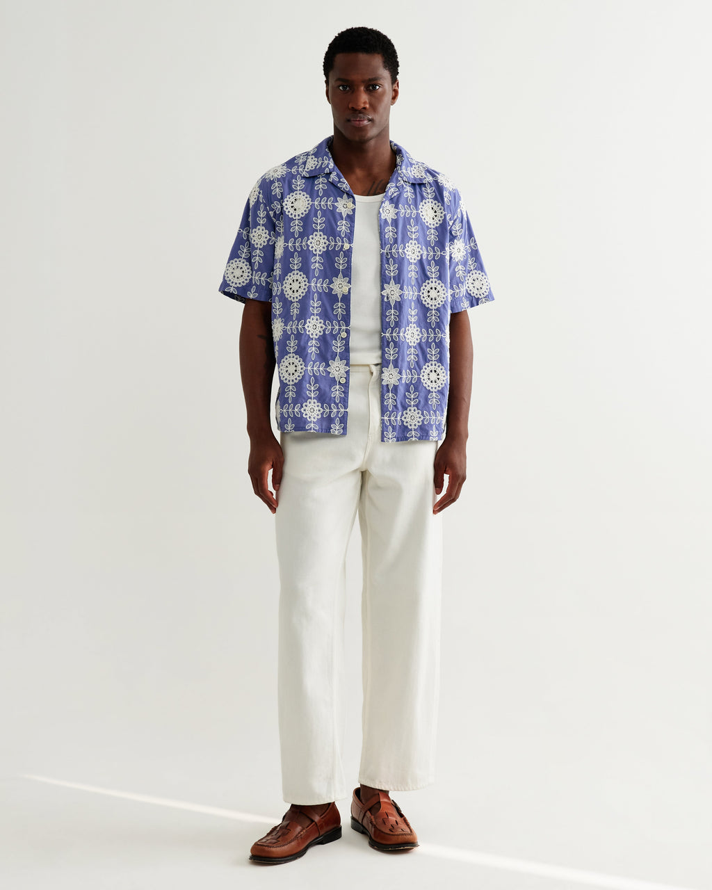 Didcot - Blue And Ecru Corded Lace Short-Sleeve Shirt
