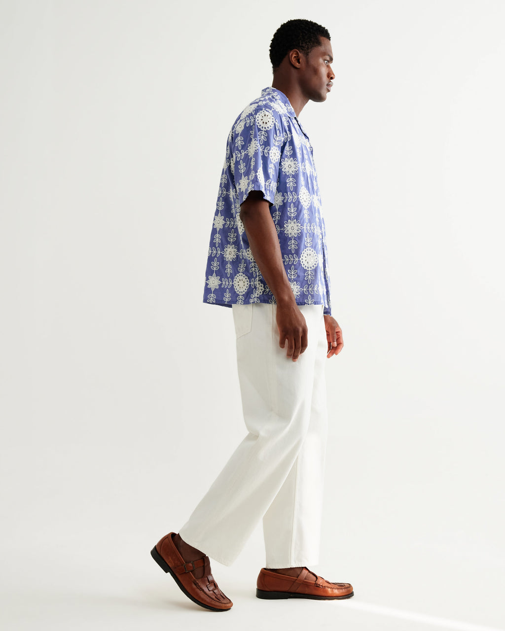 Didcot - Blue And Ecru Corded Lace Short-Sleeve Shirt