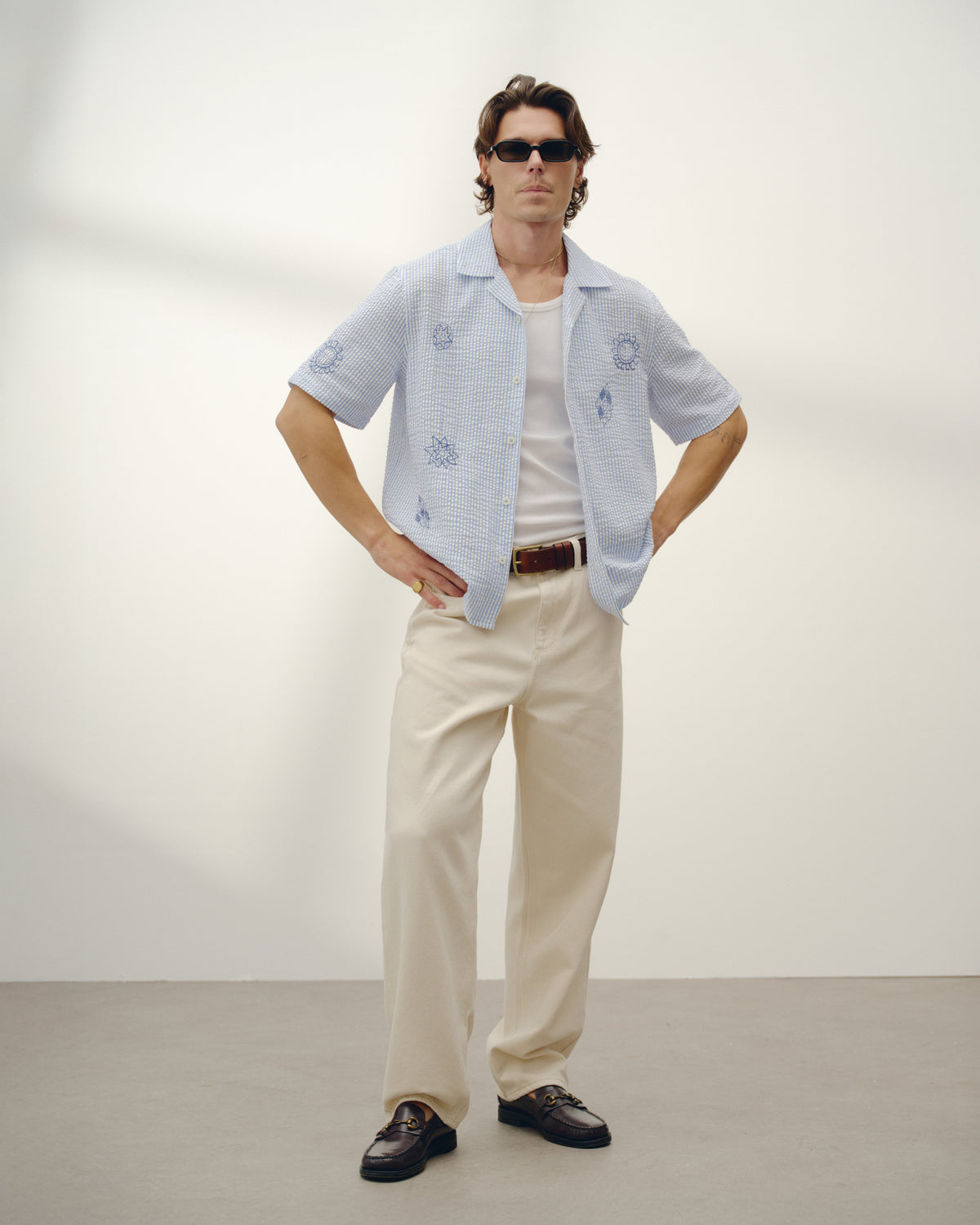 Didcot - Blue And Ecru Doodle Seersucker Short-Sleeve Shirt