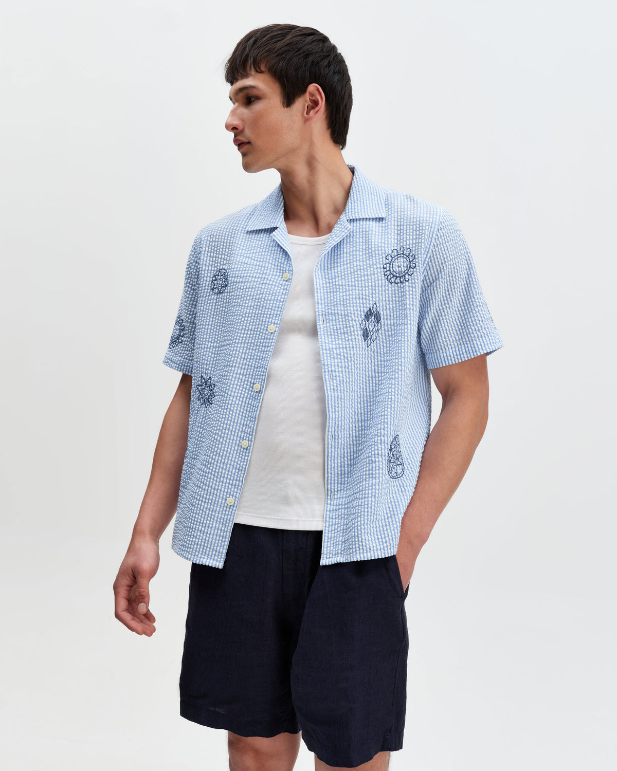 Didcot - Blue And Ecru Doodle Seersucker Short-Sleeve Shirt