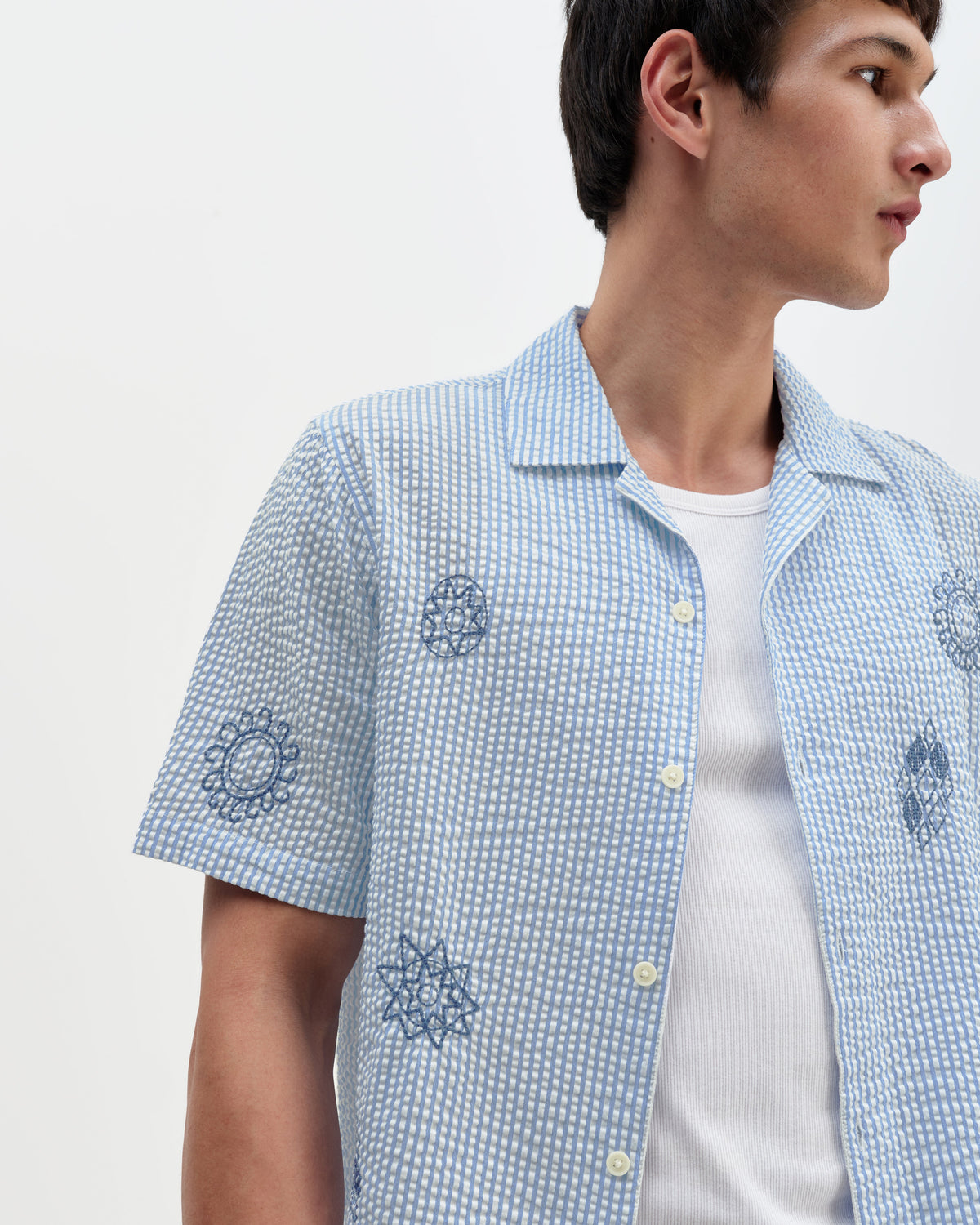 Didcot - Blue And Ecru Doodle Seersucker Short-Sleeve Shirt