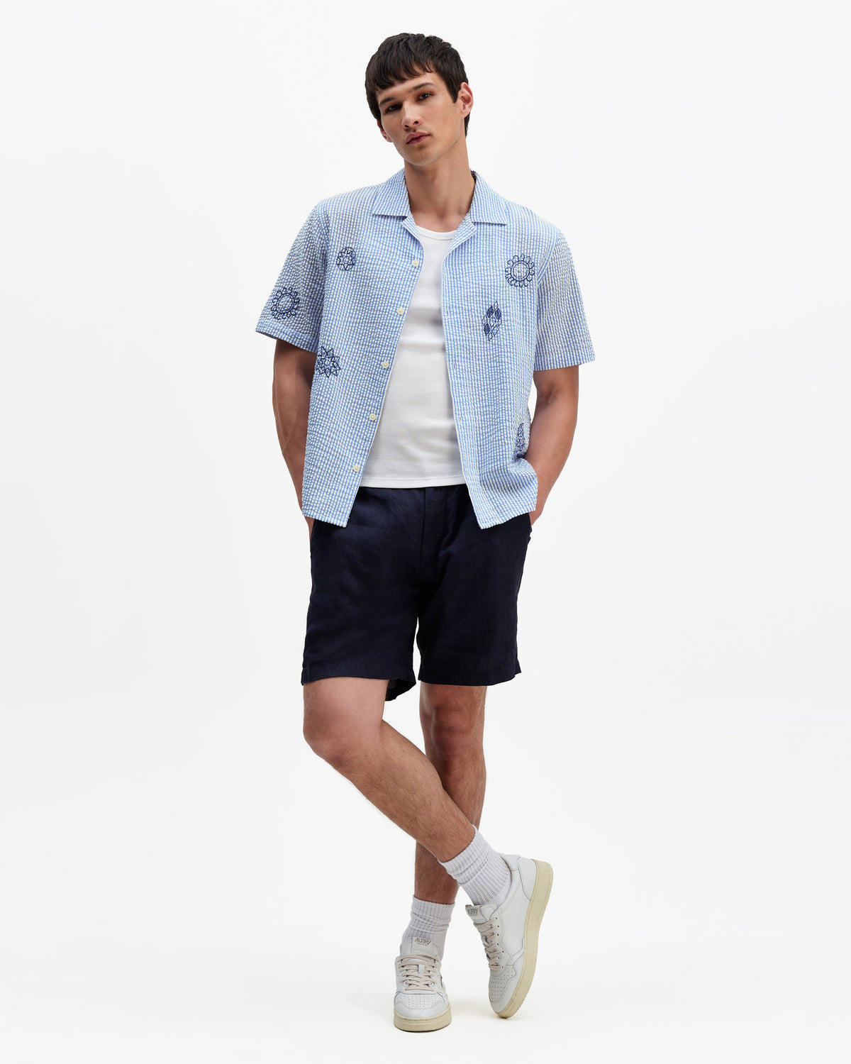 Didcot - Blue And Ecru Doodle Seersucker Short-Sleeve Shirt