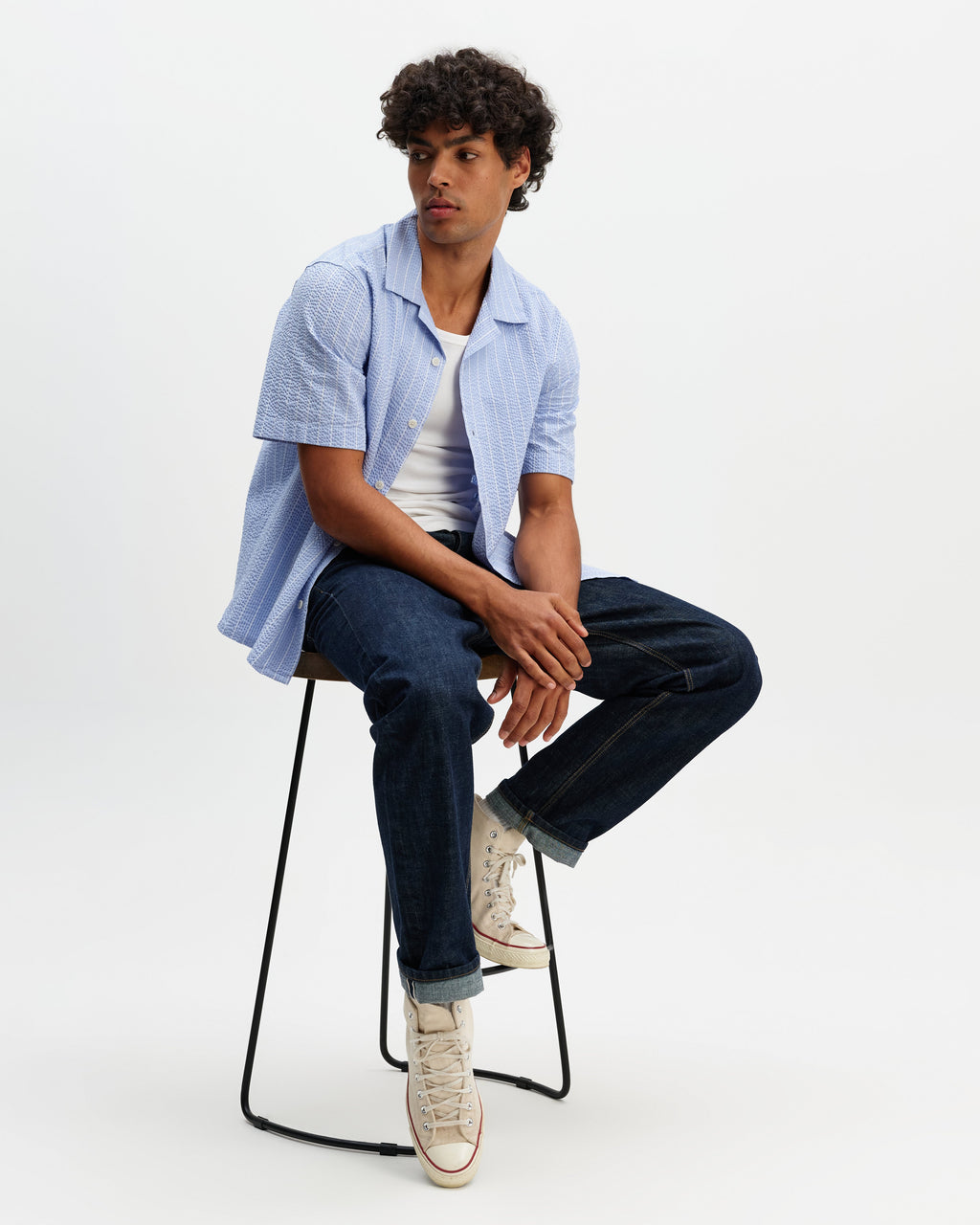 Didcot - Blue And Ecru Seersucker Stripe Short-Sleeve Shirt