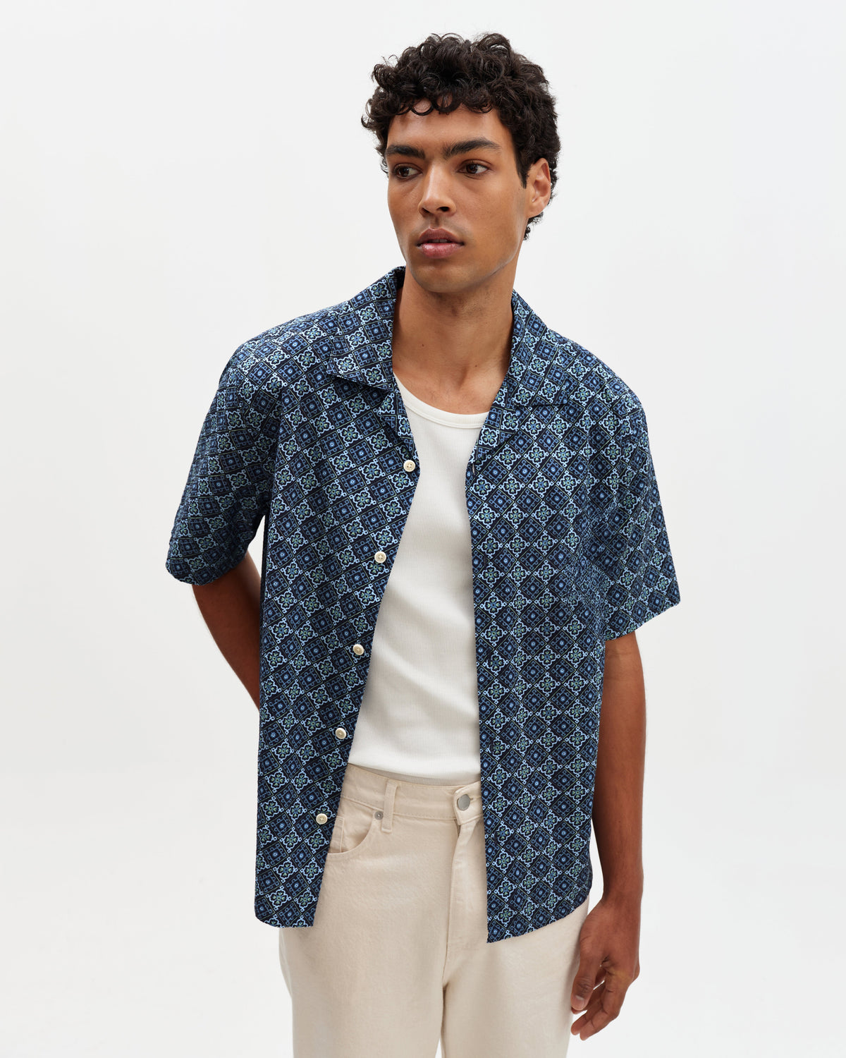 Didcot - Blue Tile Print Short-Sleeve Shirt