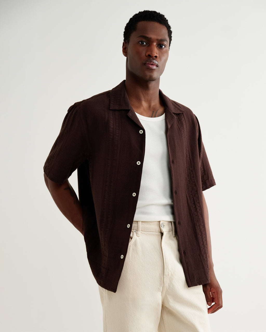 Didcot - Brown Double-Weave Seersucker Short-Sleeve Shirt