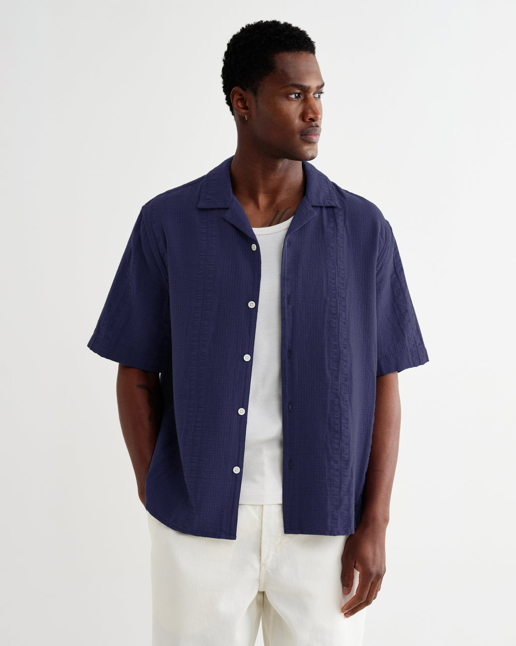 Didcot - Dark Blue Double-Weave Seersucker Short-Sleeve Shirt