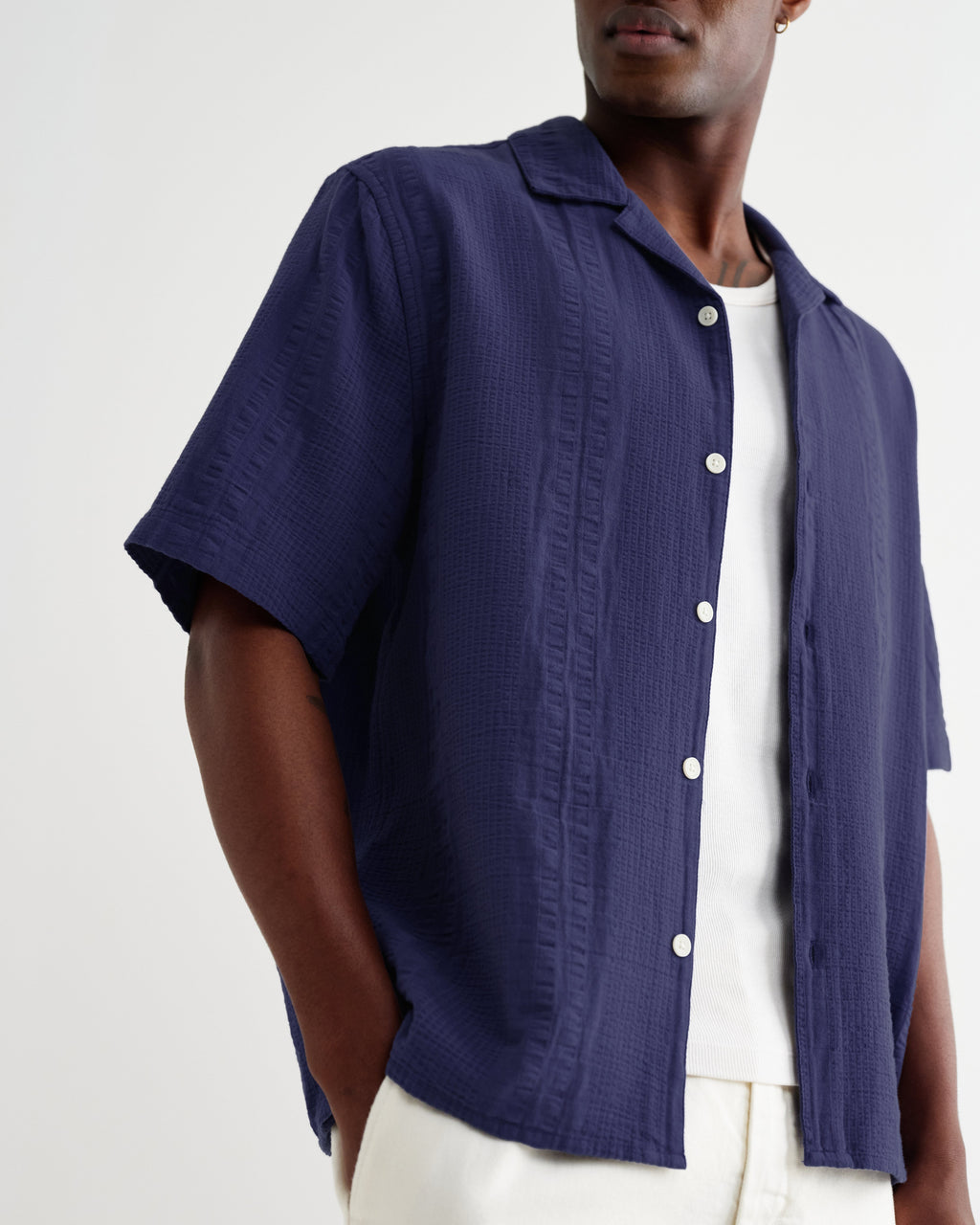 Didcot - Dark Blue Double-Weave Seersucker Short-Sleeve Shirt