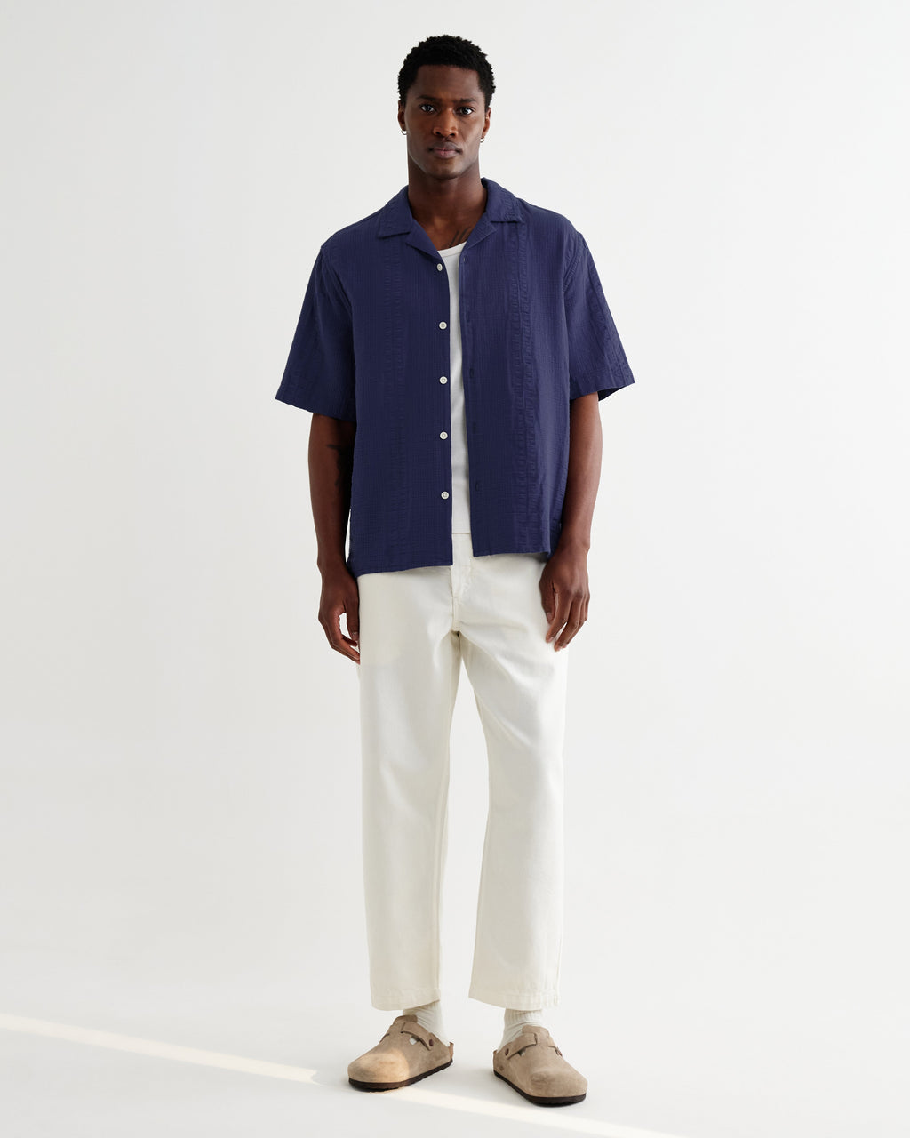 Didcot - Dark Blue Double-Weave Seersucker Short-Sleeve Shirt