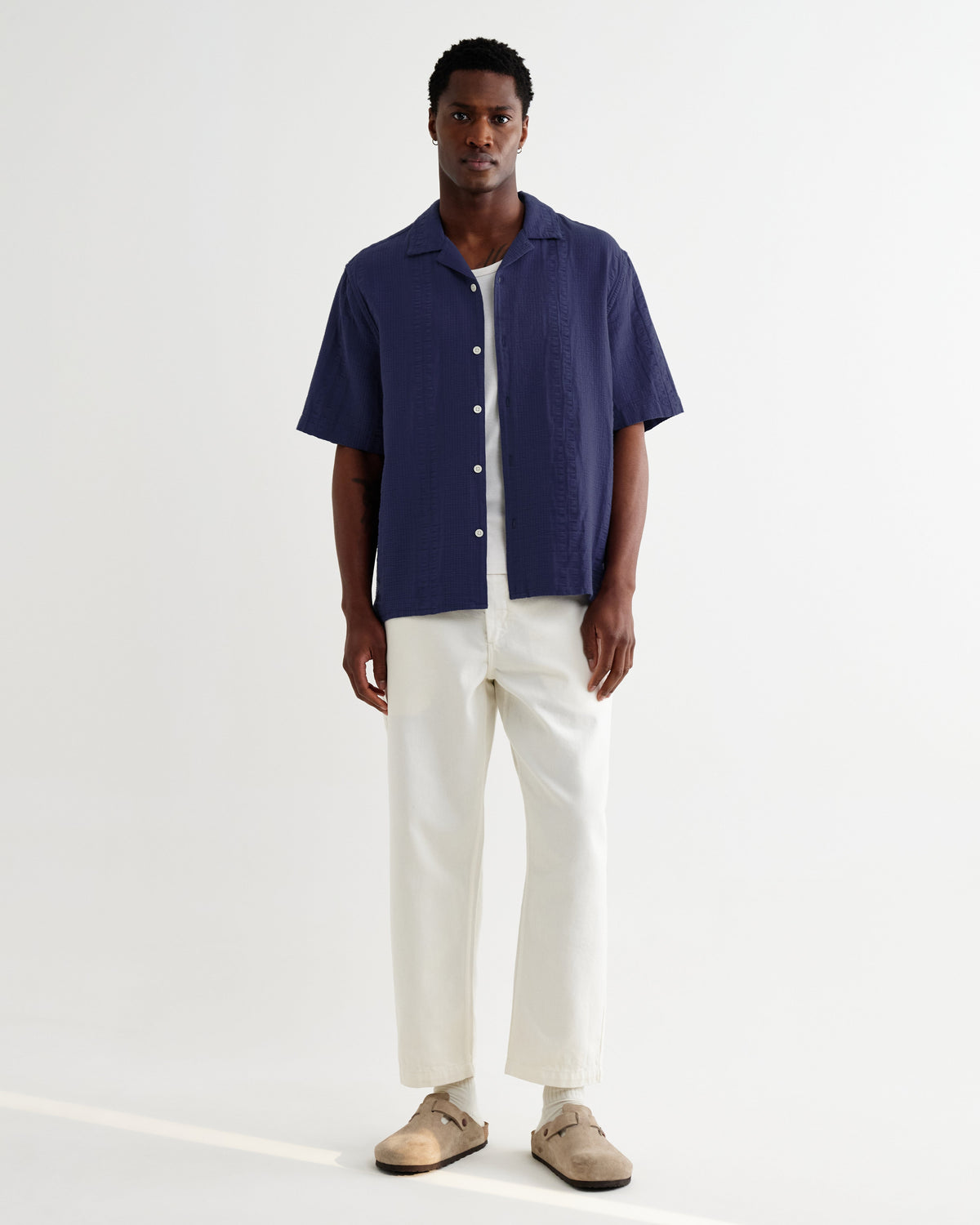 Didcot - Dark Blue Double-Weave Seersucker Short-Sleeve Shirt