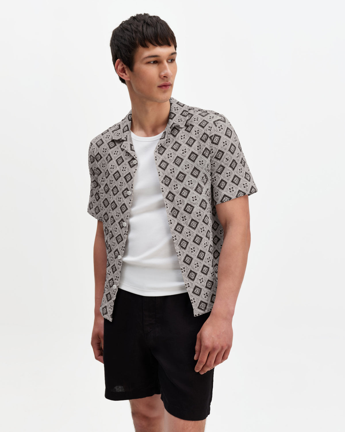 Didcot - Ecru And Black Tile Print Short-Sleeve Shirt