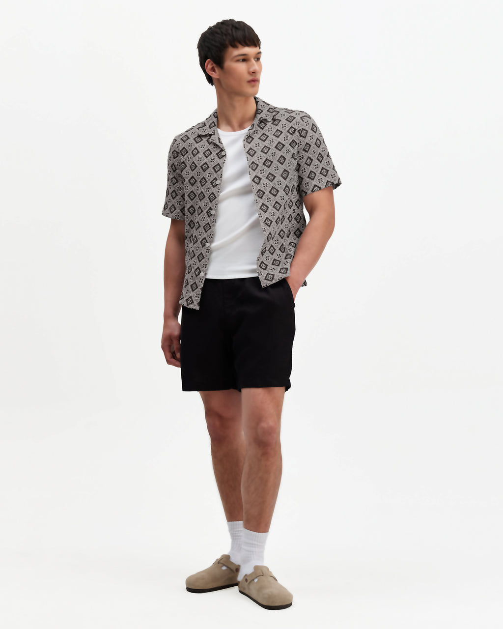 Didcot - Ecru And Black Tile Print Short-Sleeve Shirt