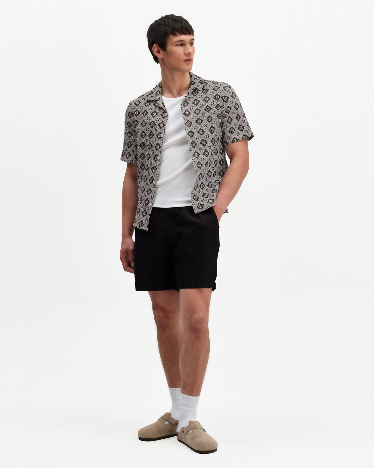 Didcot - Ecru And Black Tile Print Short-Sleeve Shirt