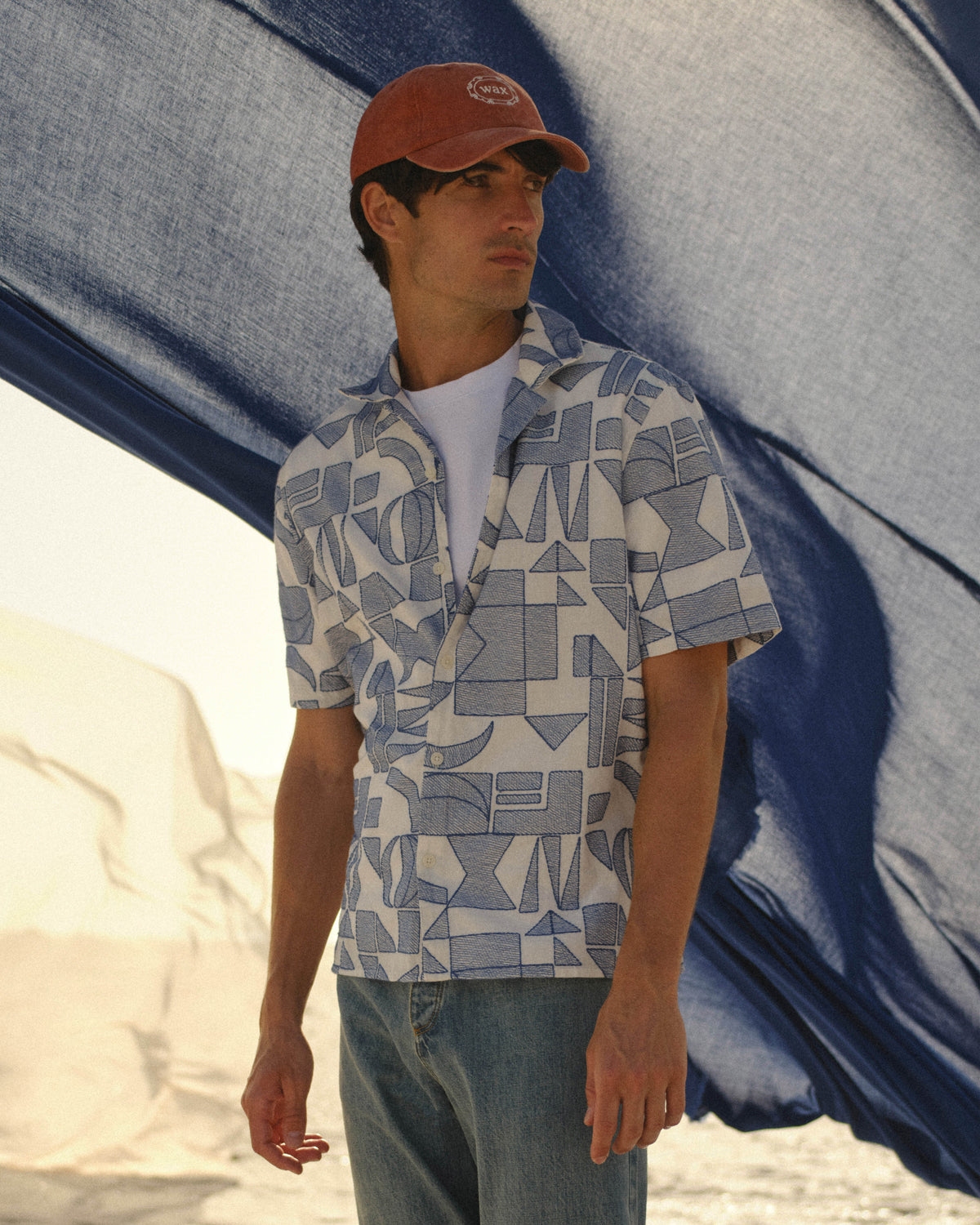 Didcot - Ecru And Blue Geometric Embroidered Short-Sleeve Shirt