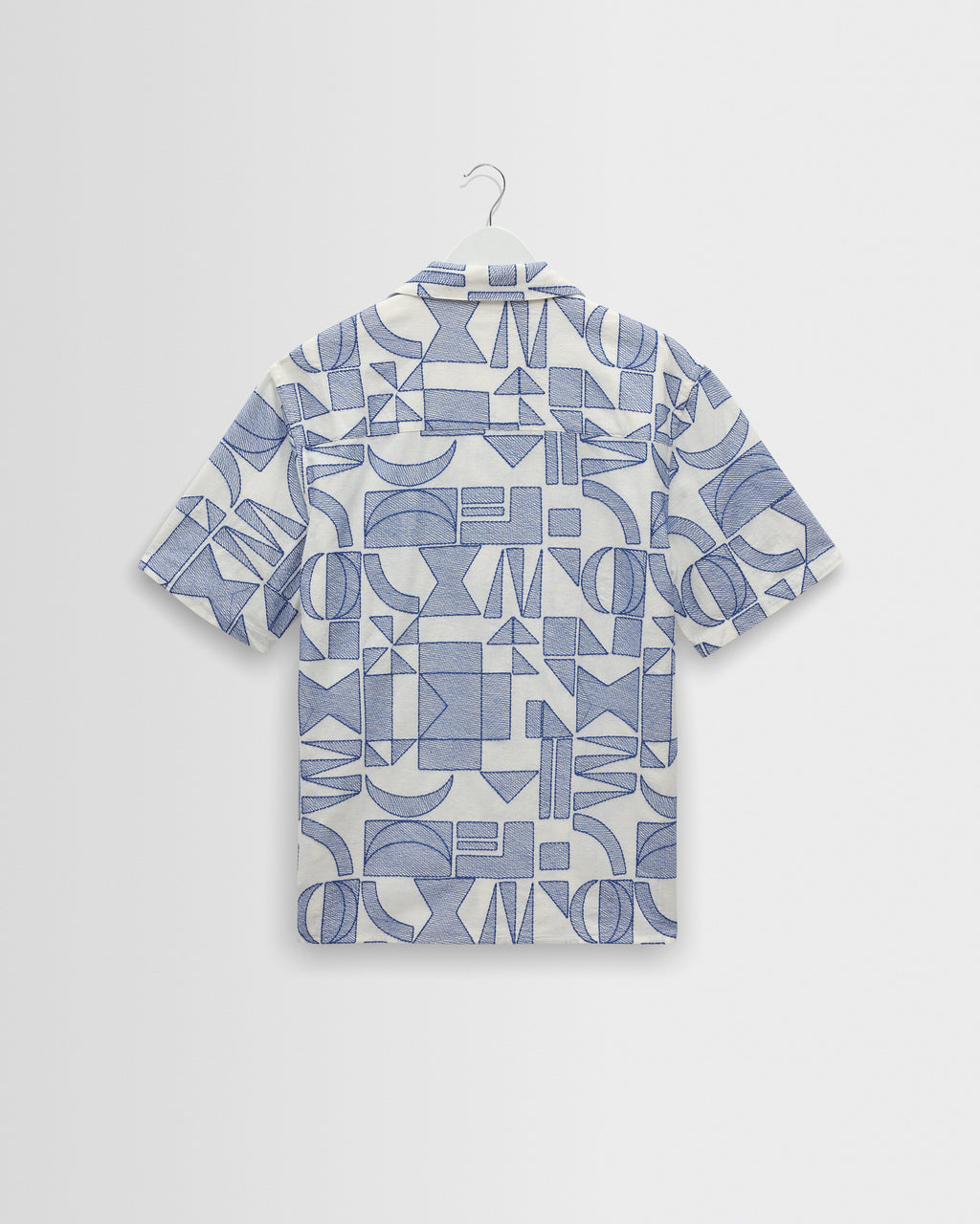 Didcot - Ecru And Blue Geometric Embroidered Short-Sleeve Shirt
