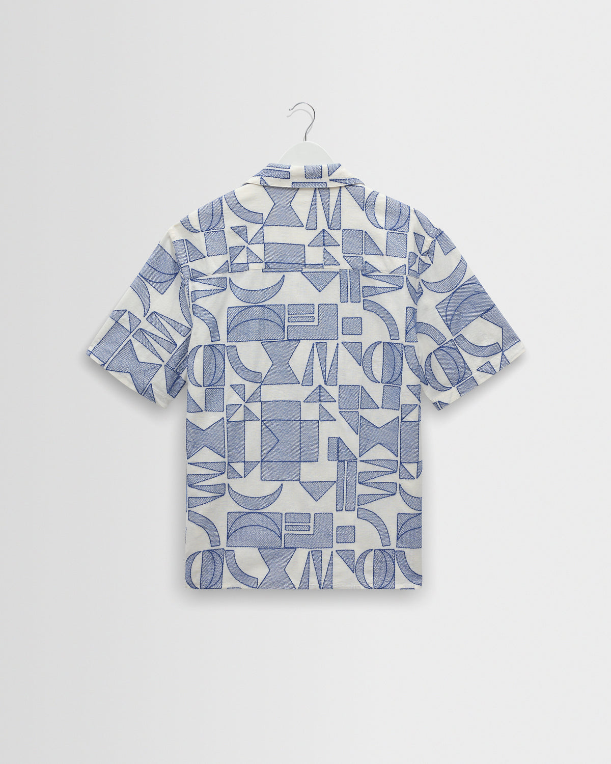 Didcot - Ecru And Blue Geometric Embroidered Short-Sleeve Shirt