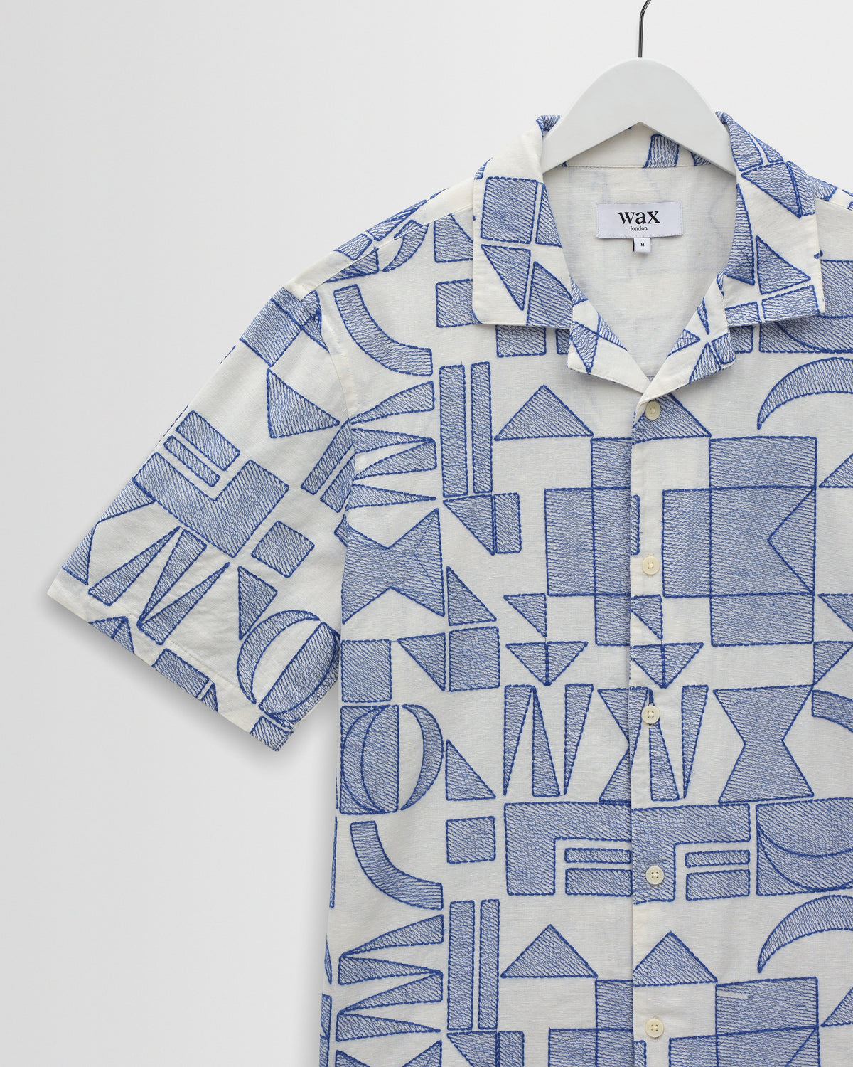 Didcot - Ecru And Blue Geometric Embroidered Short-Sleeve Shirt