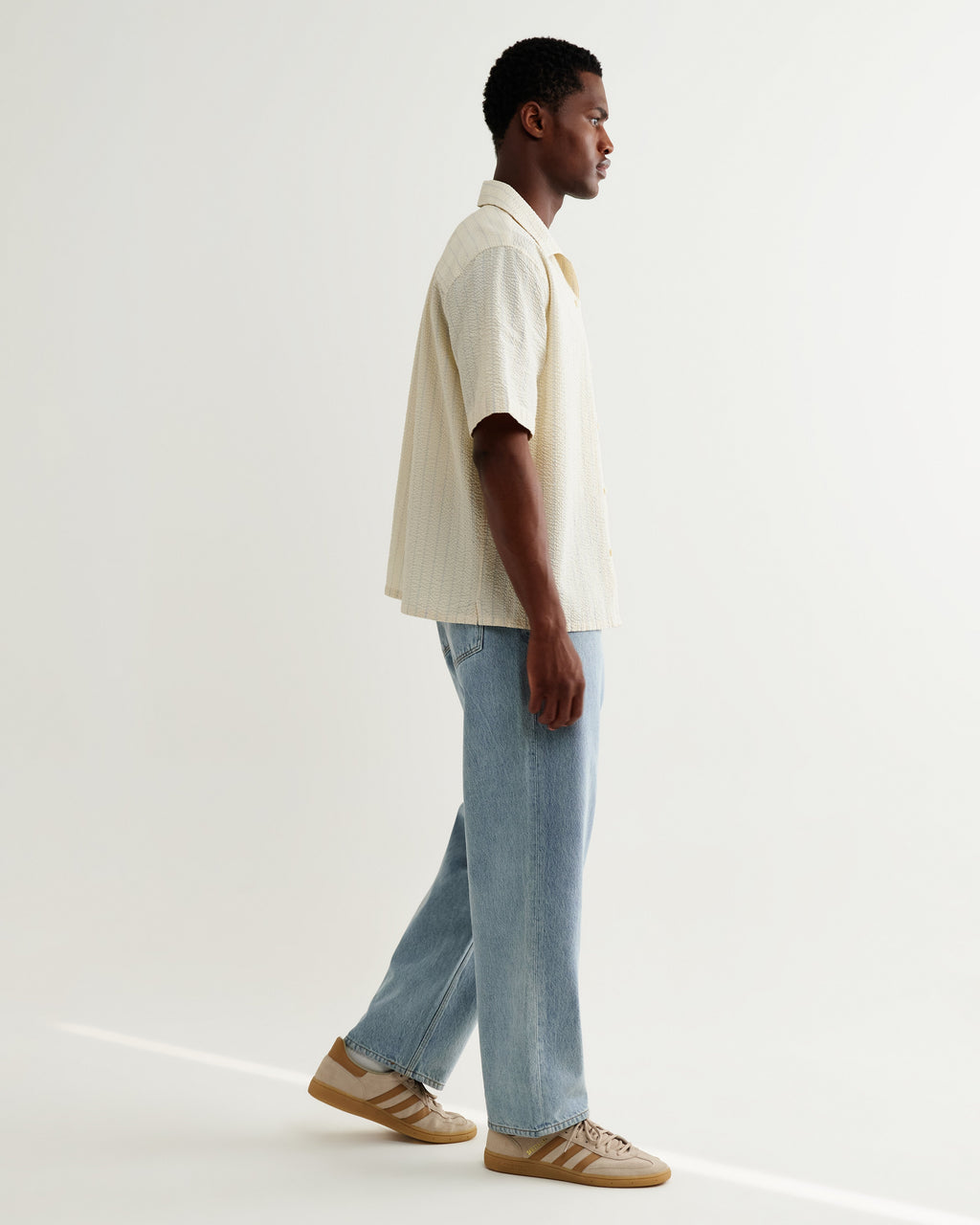 Didcot - Ecru And Blue Seersucker Stripe Short-Sleeve Shirt