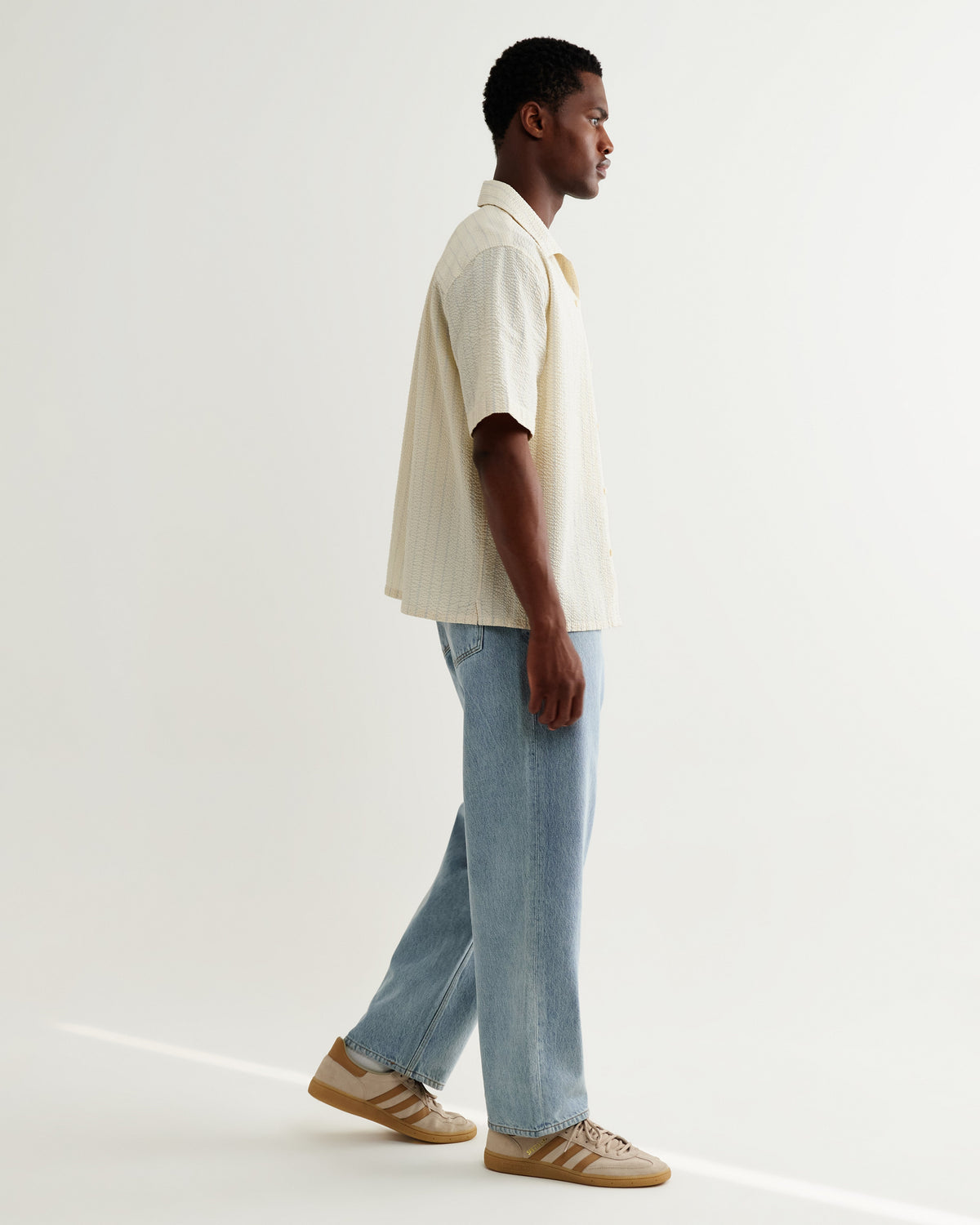 Didcot - Ecru And Blue Seersucker Stripe Short-Sleeve Shirt