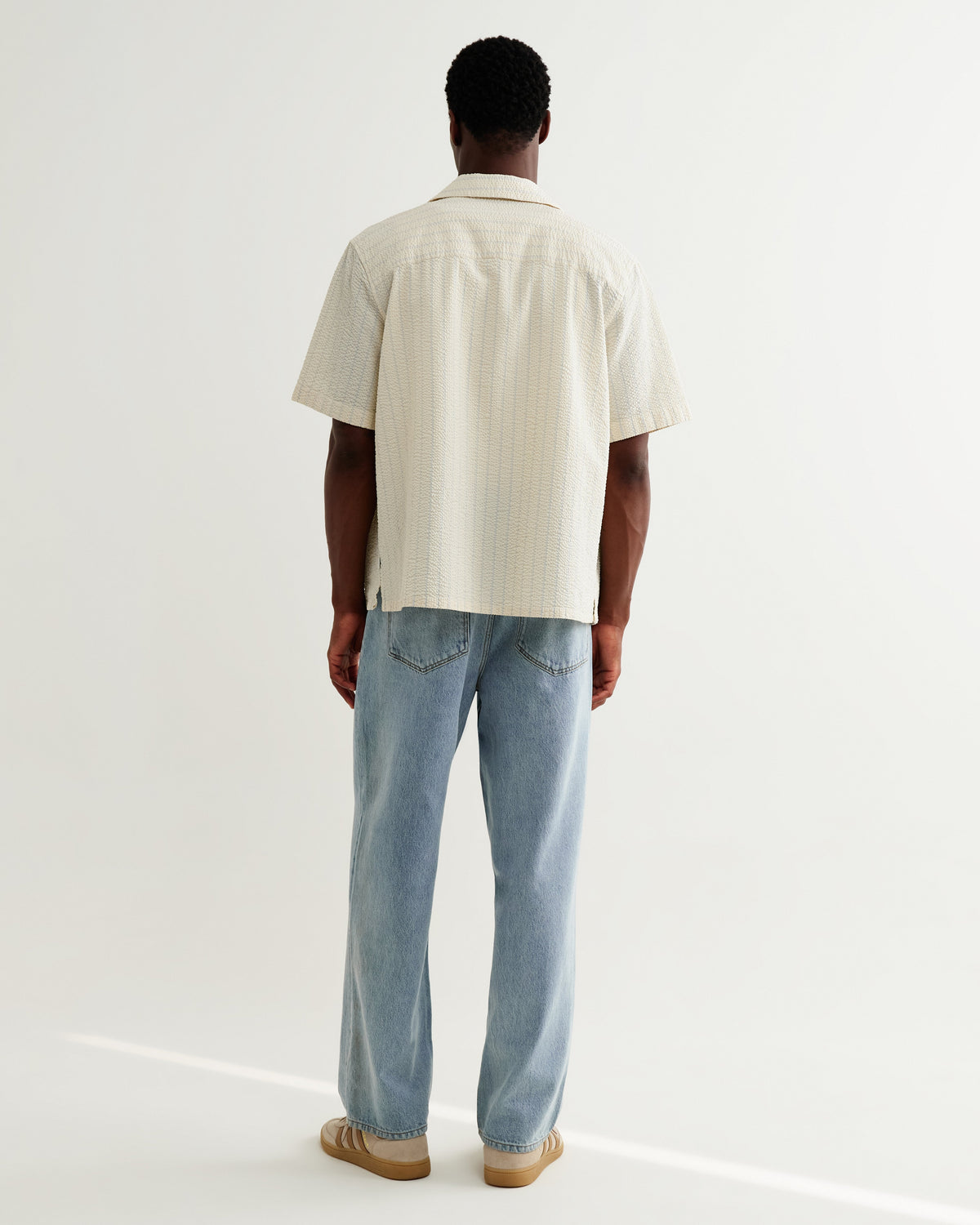 Didcot - Ecru And Blue Seersucker Stripe Short-Sleeve Shirt