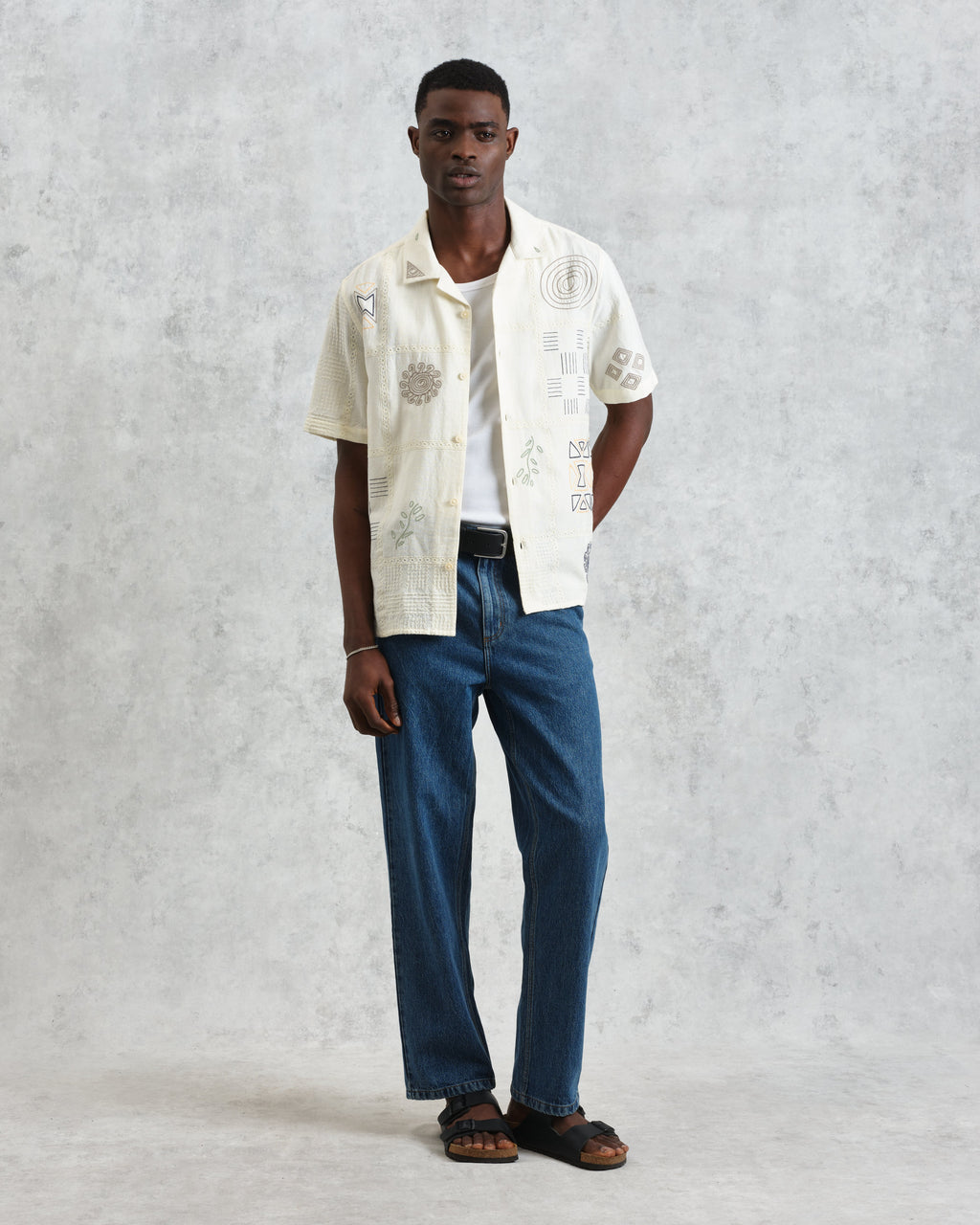 Didcot - Ecru Doodle Embroidered Short-Sleeve Shirt