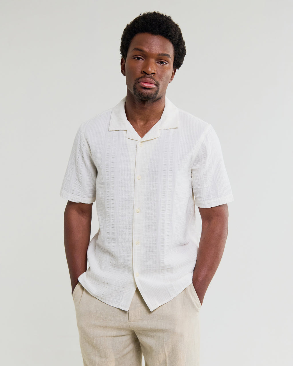 Didcot - Ecru Double-Weave Seersucker Short-Sleeve Shirt