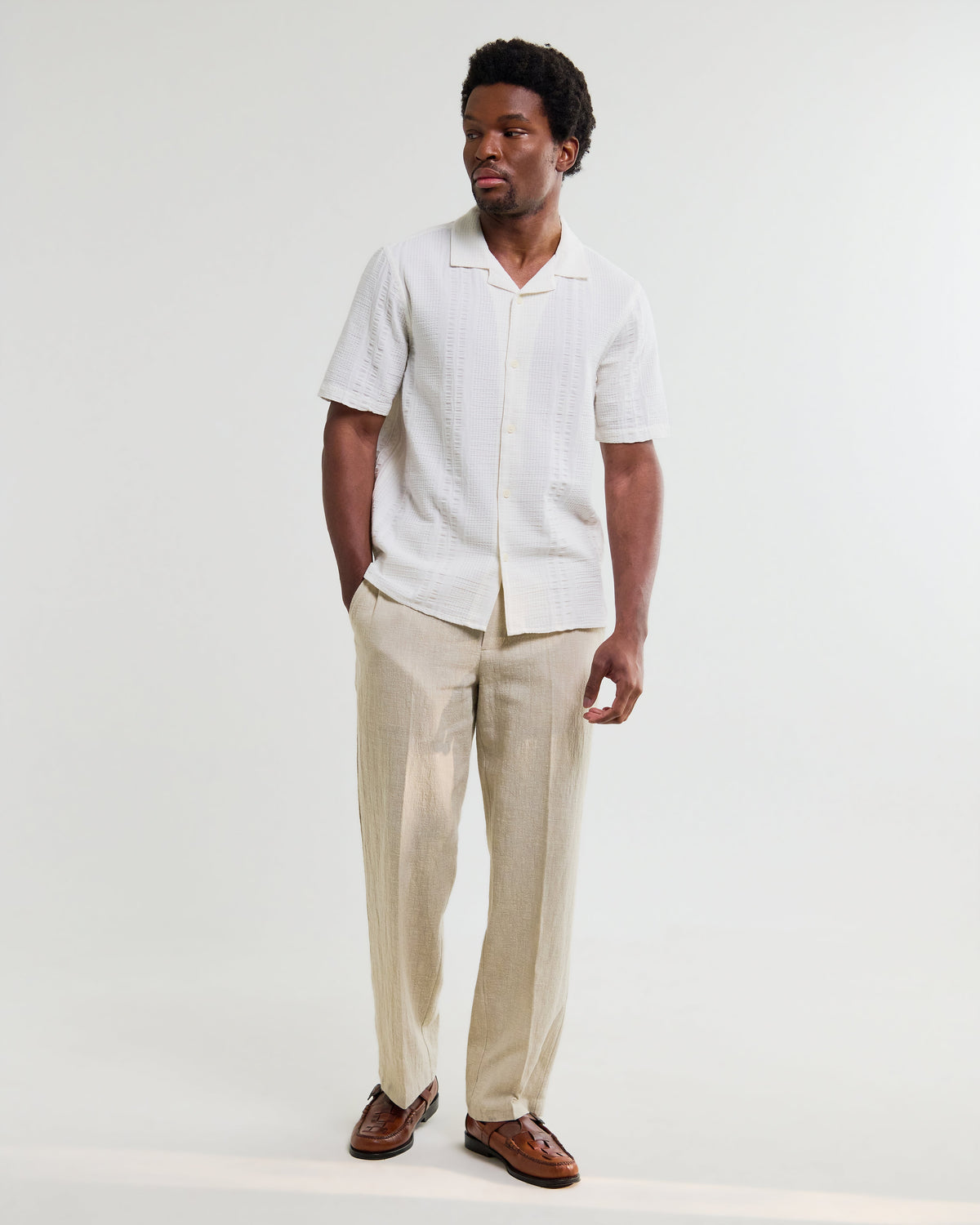 Didcot - Ecru Double-Weave Seersucker Short-Sleeve Shirt