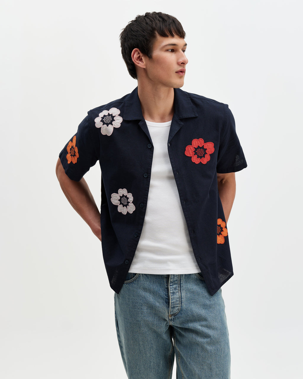Didcot - Navy Floral Applique Short-Sleeve Shirt