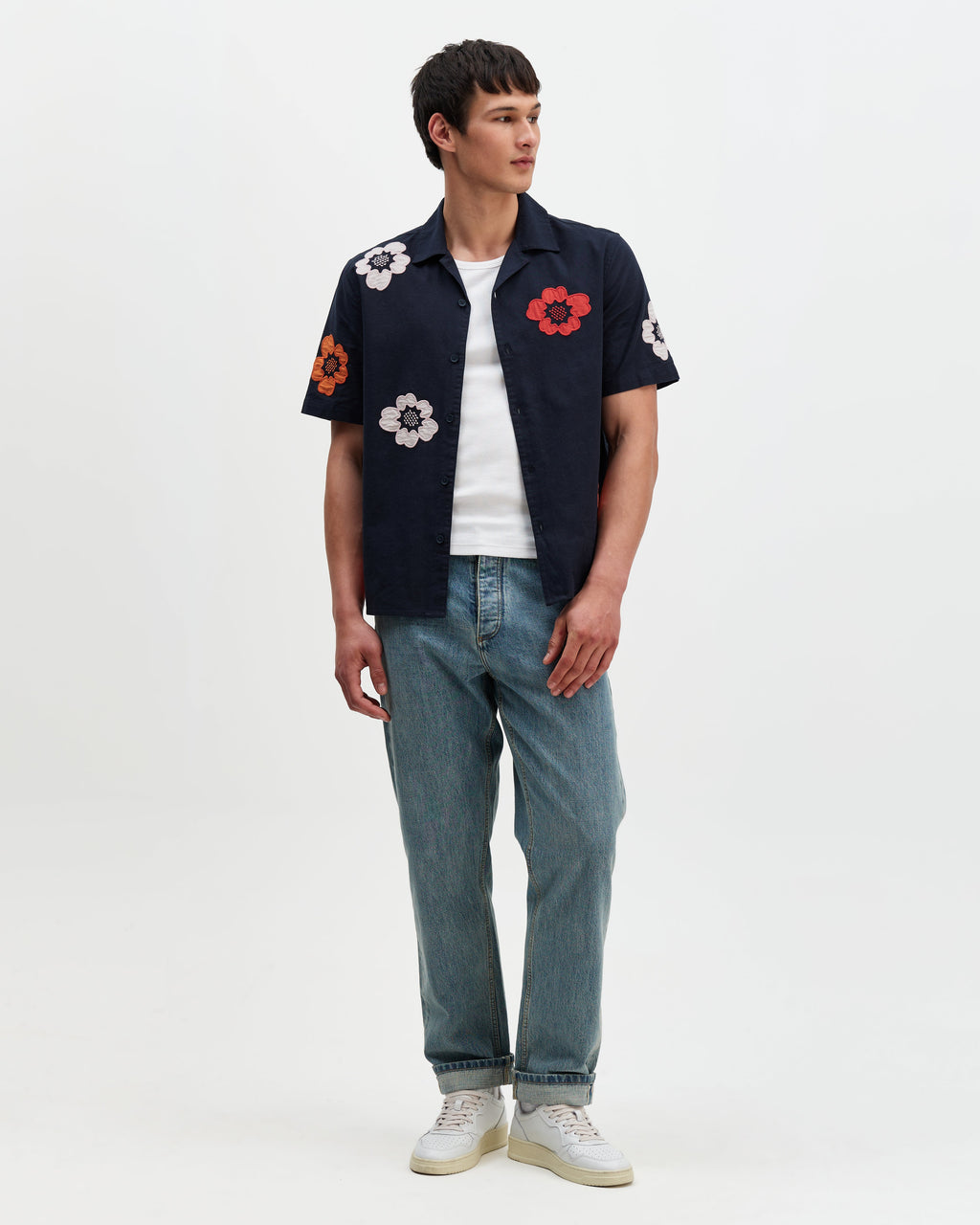 Didcot - Navy Floral Applique Short-Sleeve Shirt