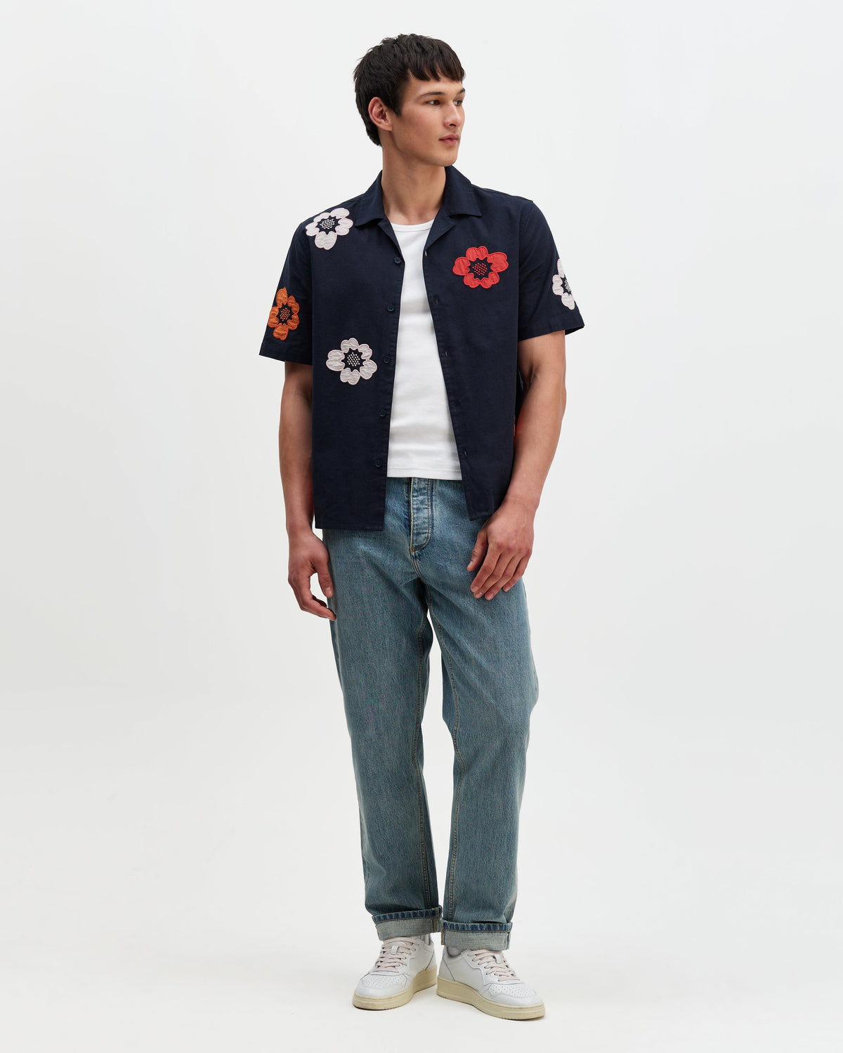 Didcot - Navy Floral Applique Short-Sleeve Shirt