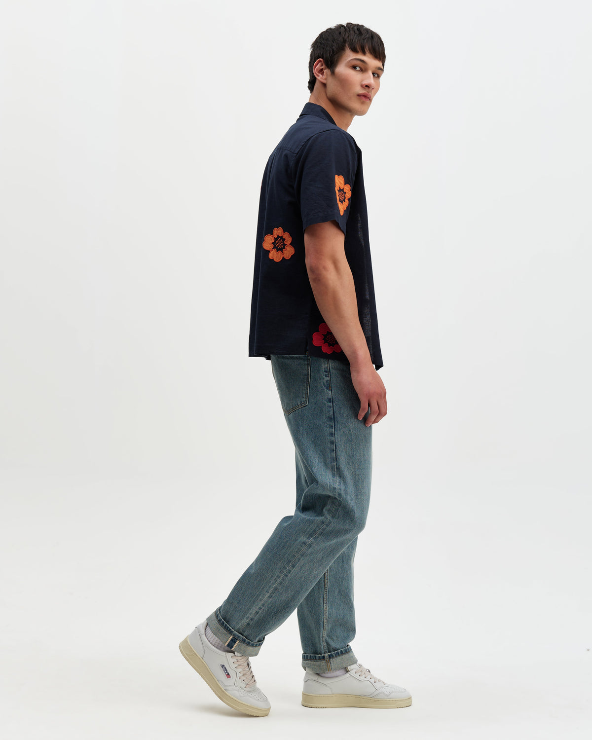 Didcot - Navy Floral Applique Short-Sleeve Shirt