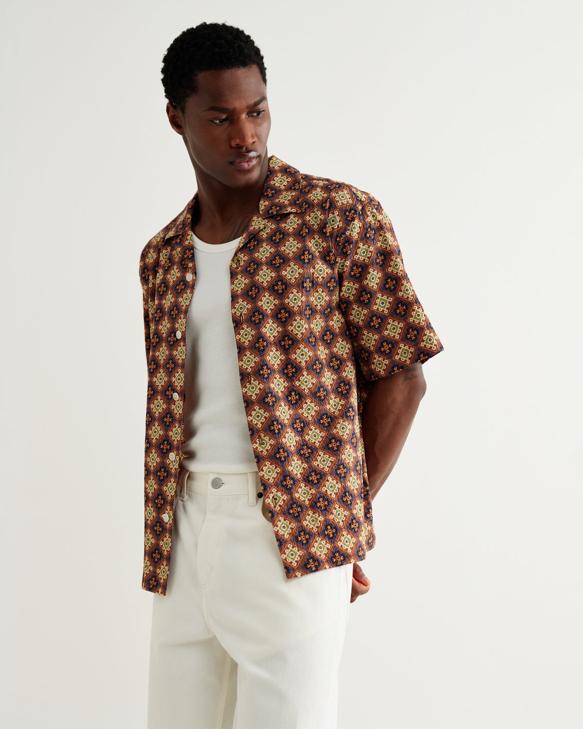 Didcot - Rust Tile Print Seersucker Short-Sleeve Shirt