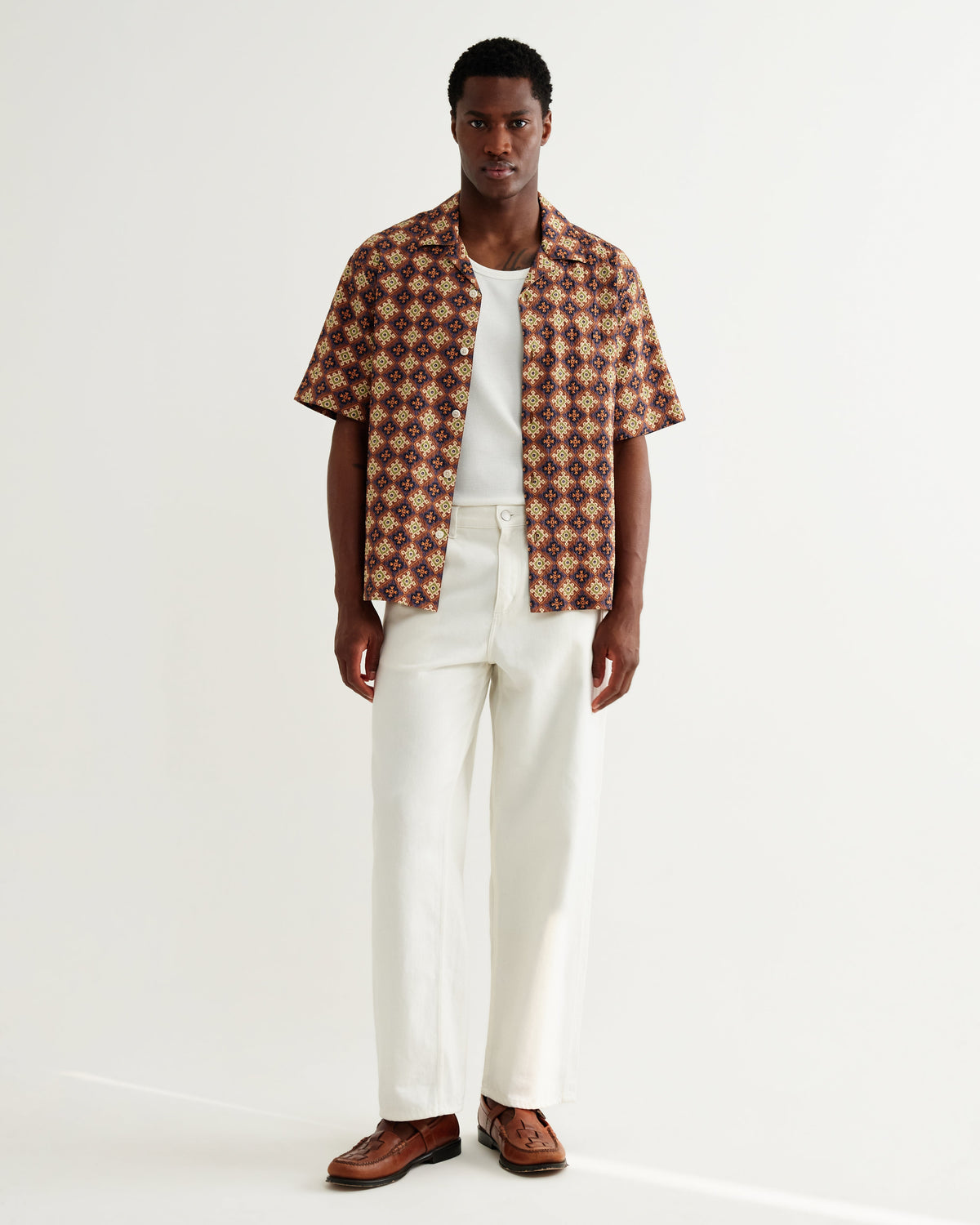 Didcot - Rust Tile Print Seersucker Short-Sleeve Shirt