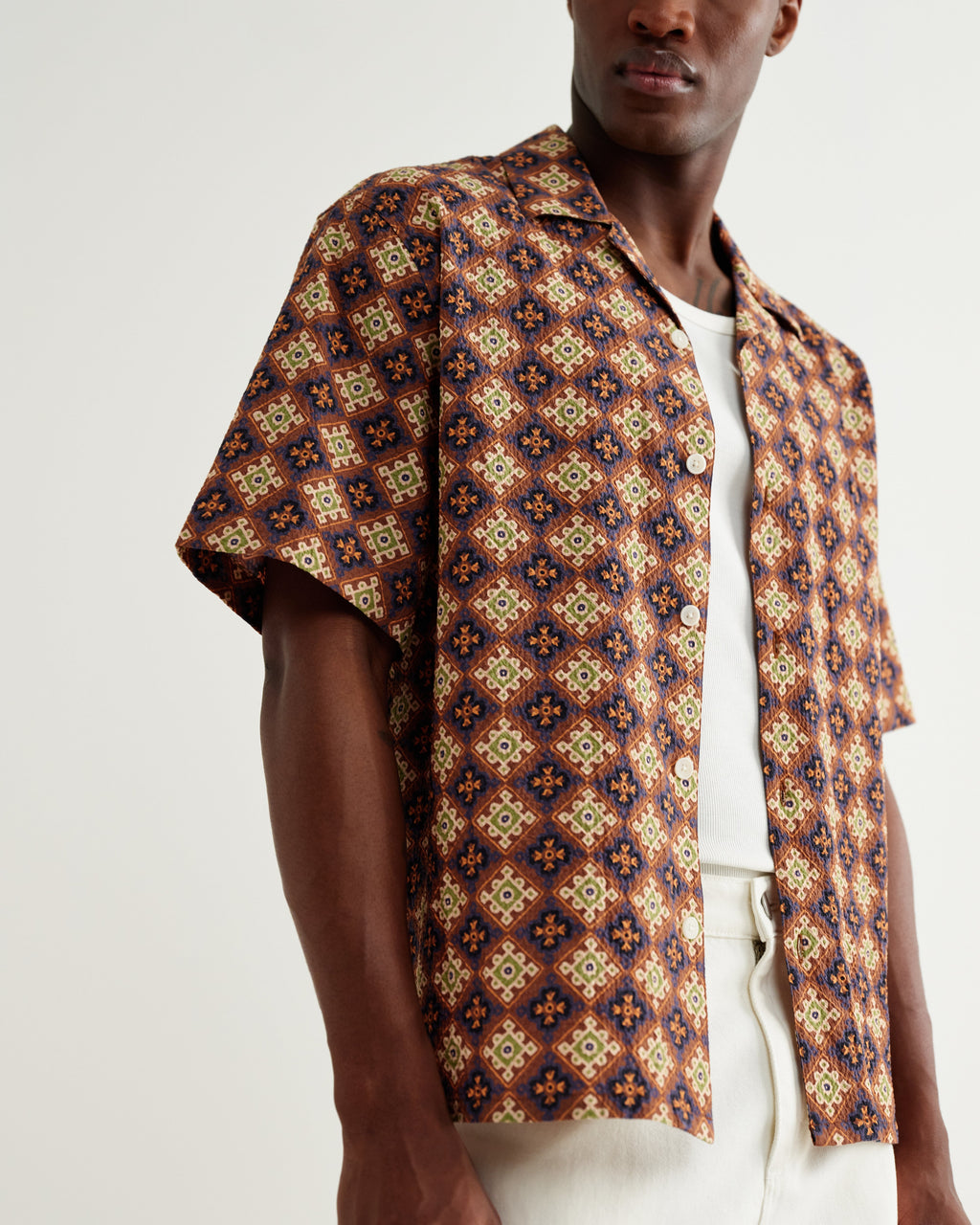 Didcot - Rust Tile Print Seersucker Short-Sleeve Shirt
