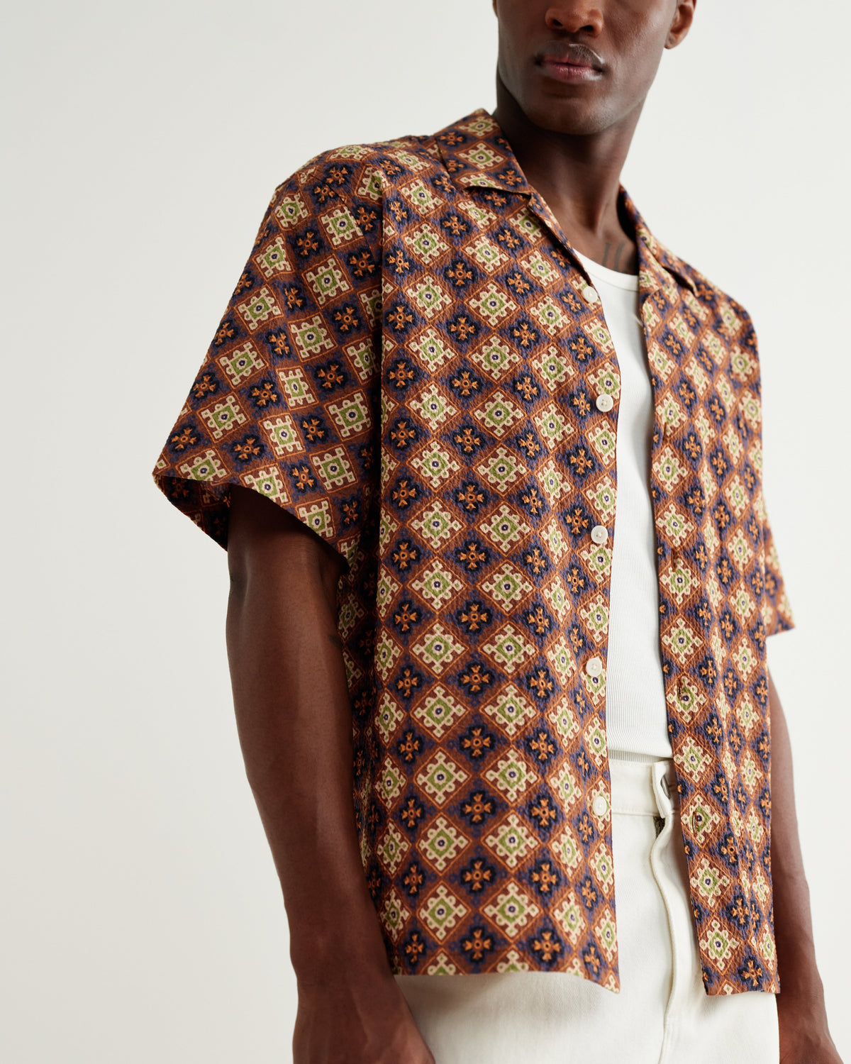 Didcot - Rust Tile Print Seersucker Short-Sleeve Shirt