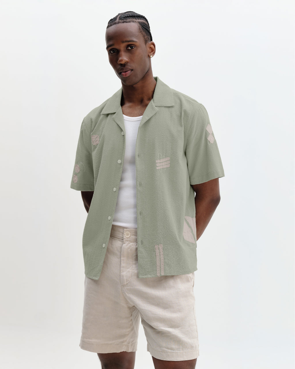 Didcot - Sage And Ecru Scribble Applique Short-Sleeve Shirt