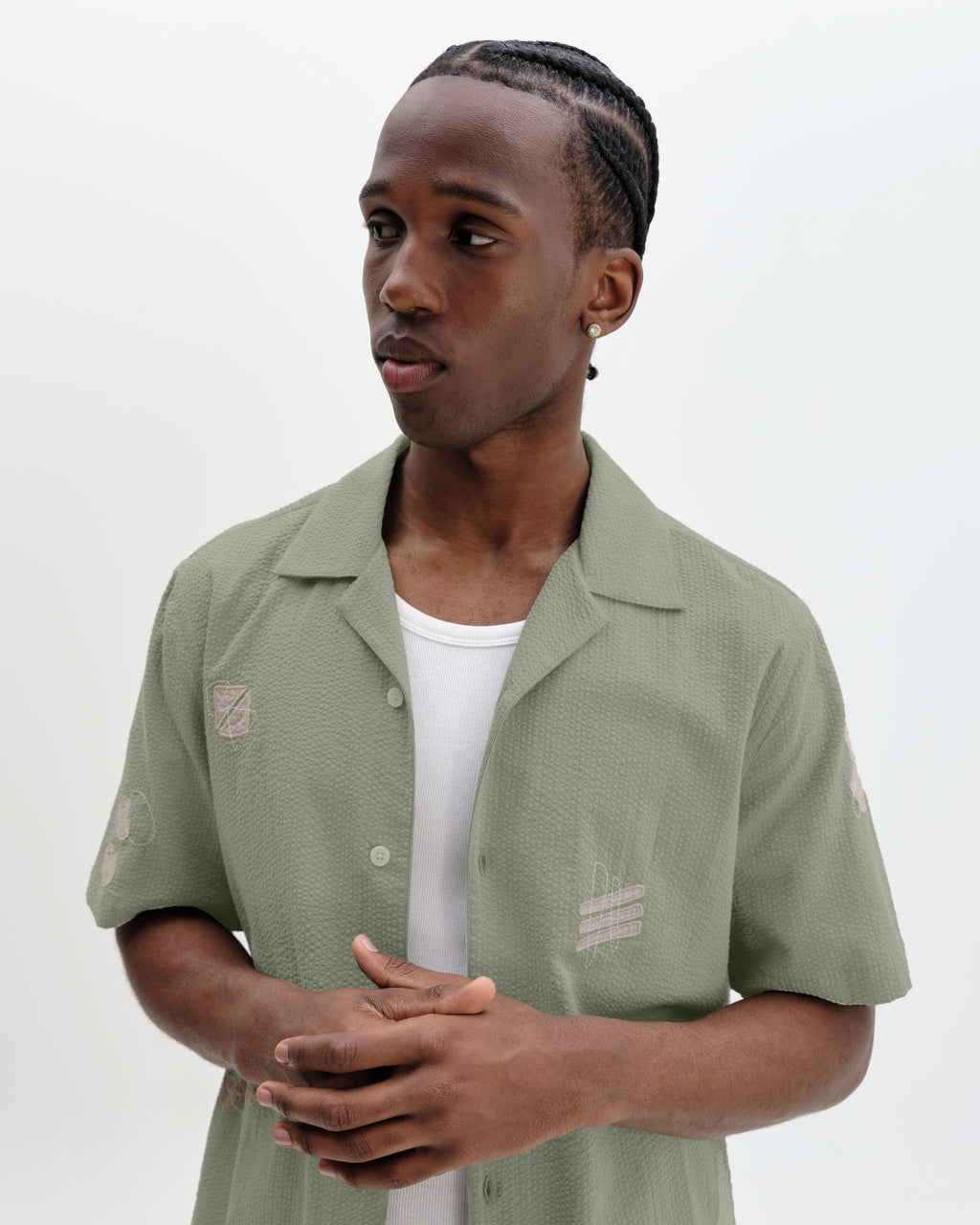 Didcot - Sage And Ecru Scribble Applique Short-Sleeve Shirt
